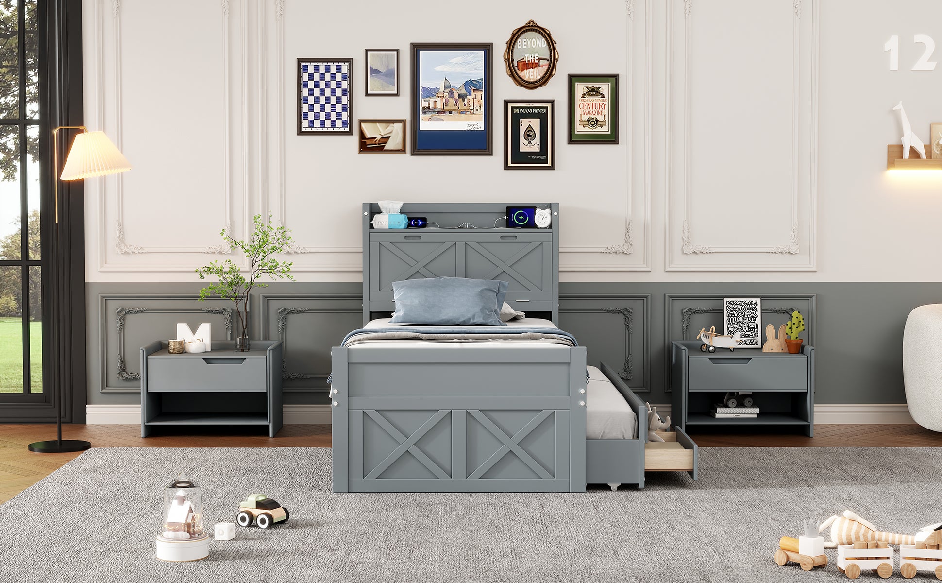 Twin Size Wooden Bed With Storage Headboard With Outlets, Extendable Bed With Twin Size Trundle With Three Storage Drawers,Gray Twin Gray Wood