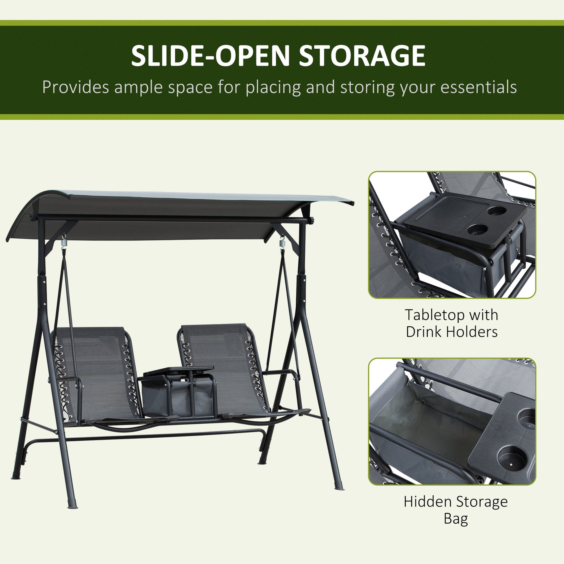 Outsunny 2 Seat Patio Swing Chair, Outdoor Canopy Swing Glider With Pivot Storage Table, Cup Holder, Adjustable Shade, Bungie Seat Suspension And Weather Resistant Steel Frame, Grey Gray Steel