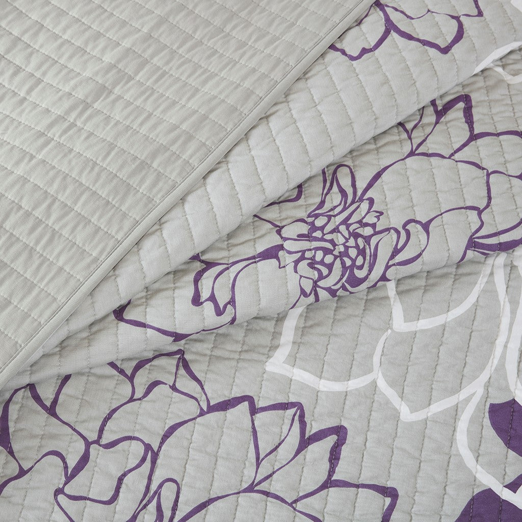 6 Piece Printed Cotton Quilt Set With Throw Pillows Taupe Grey Purple King Cal King King Purple Cotton