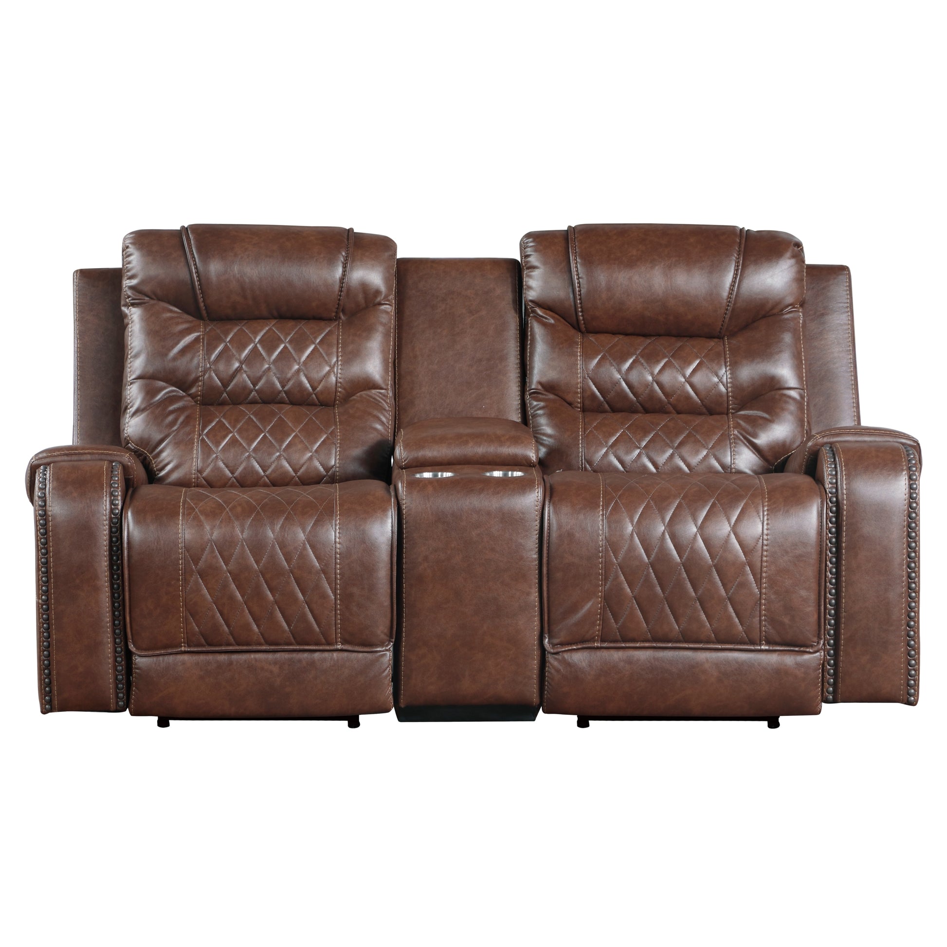 Luxurious Living Room Furniture 2Pc Power Reclining Sofa Set Brownfaux Leather Upholstery Center Drop Down Cup Holders, Power Outlets, Usb Ports, Diamond Pattern Stitching Brown Faux Leather Wood Primary Living Space Luxury,Modern Solid Wood 5 Seat