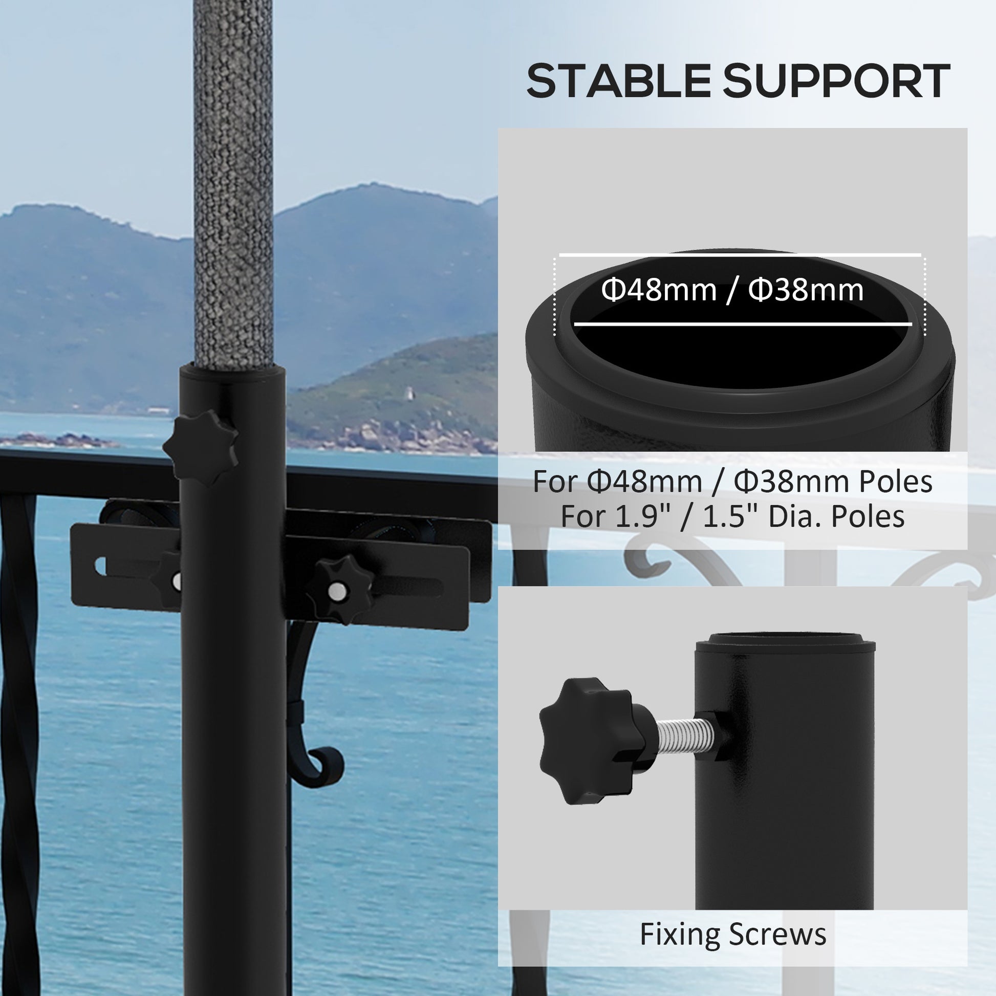 attach patio umbrella deck railing Mount,Umbrella Holder for Deck Railing,Patio Deck Mount Umbrella Holder Heavy Duty Adjustable Metal Umbrella Stand Outdoor Base Attaches to Railing, Outdoor Courtyard, Balcony, Boats : Patio, Lawn & Fits Pole Diameter Up to 2 5/16 inch (5.5 cm) Specifications Adjustable Outdoor Umbrella Clamp Holder