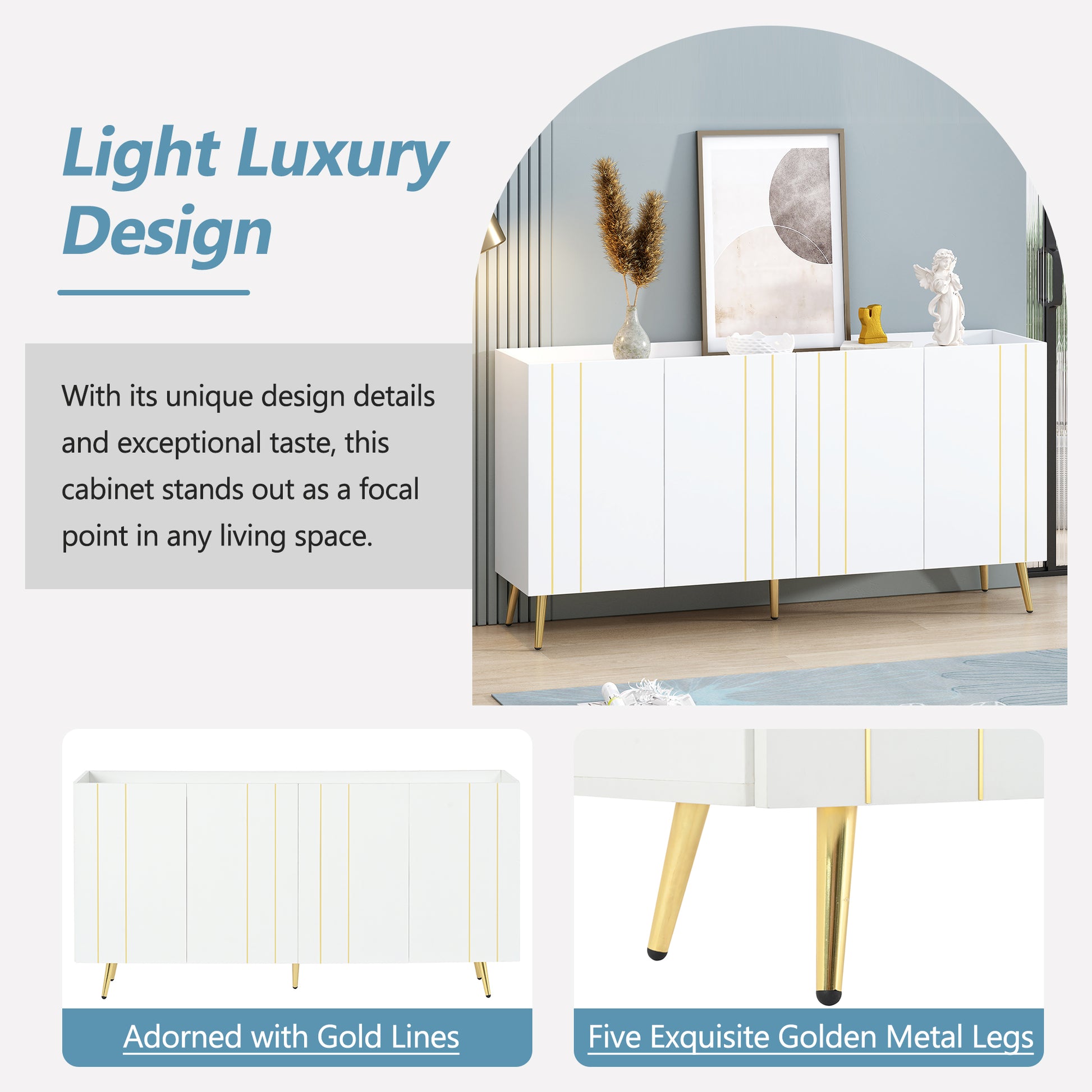 Luxurious Shoe Cabinet With 5 Metal Legs, Modern Tv Stand With 4 Adjustable Shelves For Tvs Up To 70", Minimalist Sideboard Cabinet With Gold Lines Doors For Living Room,62.9"X 31.4",White White