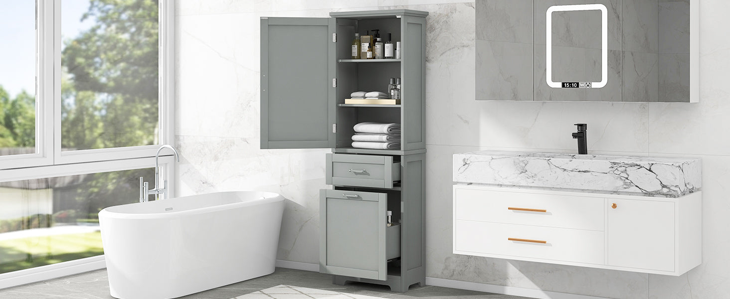 Tall Bathroom Storage Cabinet, Freestanding Storage Cabinet With Two Different Size Drawers And Adjustable Shelf, Mdf Board With Painted Finish, Grey Grey Mdf