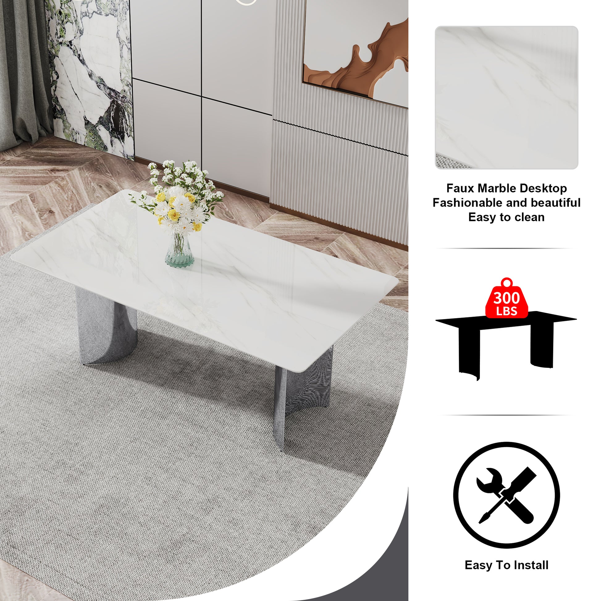 Table And Chair Set, Modern And Minimalist Dining Table. Imitation Marble Glass Sticker Desktop, Stainless Steel Legs, Stable And Beautiful. Comfortable Pu Seats. Dt 69 Silver Glass