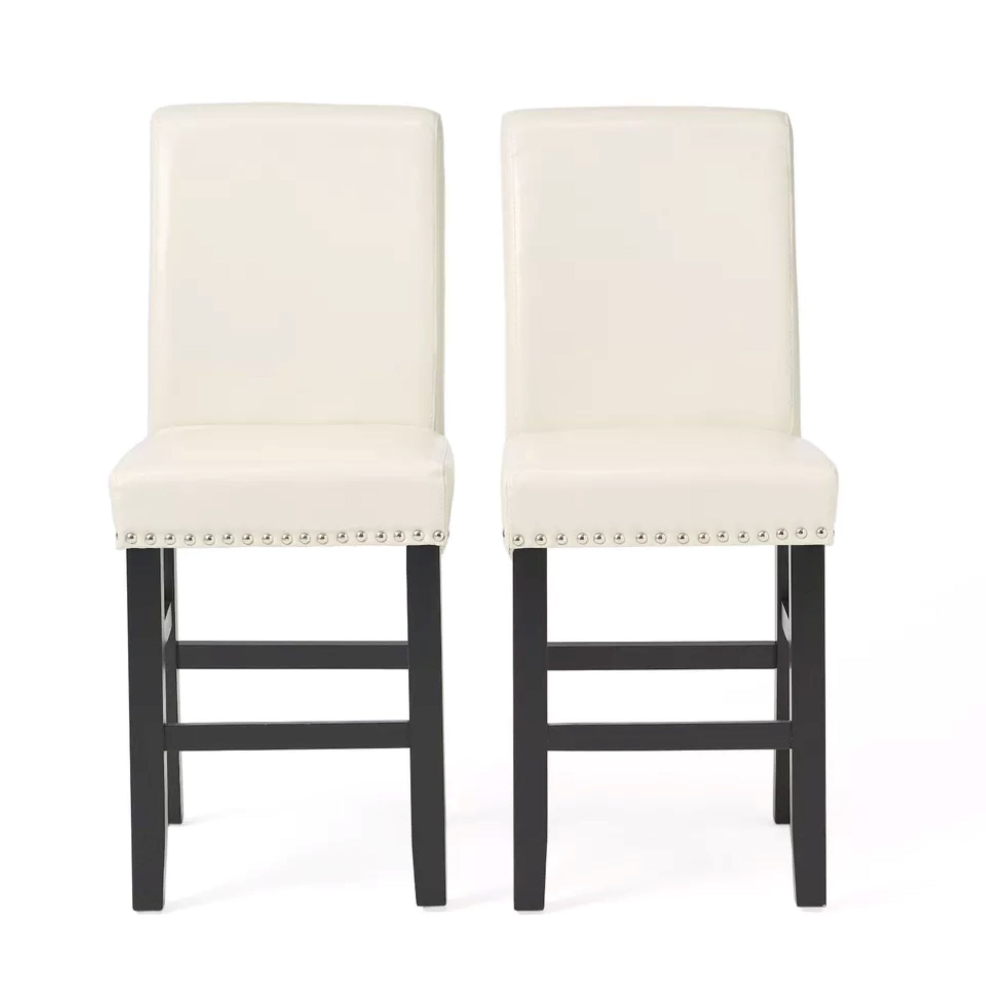 Contemporary Leather Counter Stools,Ivory Dining Chairs With Nail Head Decoration Set Of 2 ,25 Inches Upholstered Dining Chairs Suitable For Kitchen Bedroom Dining Room. Oak Wood Ivory Black Kitchen