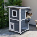 Pawhut Outdoor Cat House With Escape Door, Weatherproof 2 Story Wooden Feral Cat Shelter With Opening Asphalt Roof, Dark Gray Grey White Wood