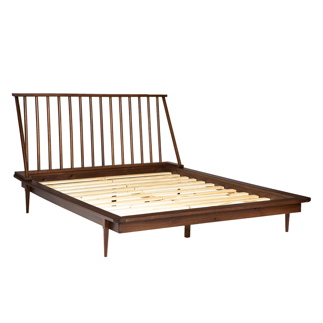 Mid Century Modern Solid Wood Queen Platform Bed Frame With Spindle Headboard Walnut Walnut Pine