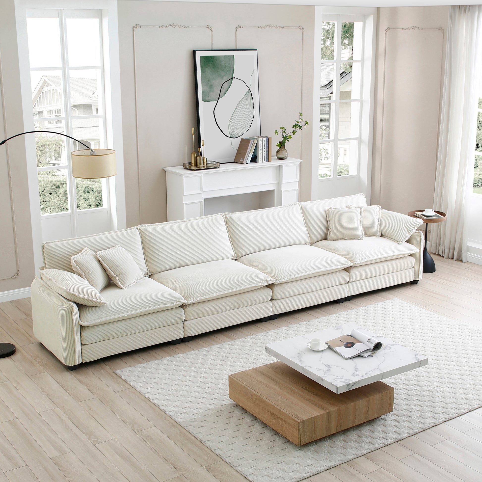 Corduroy Sofamodern Upholstered 4 Seater Corduroy Fabric Sofaoffice Living Room Apartment Comfortable Sofa, Easy To Assemble With 2 Arm Pillows And 4 Throw Pillows Beige Corduroy 4 Seat