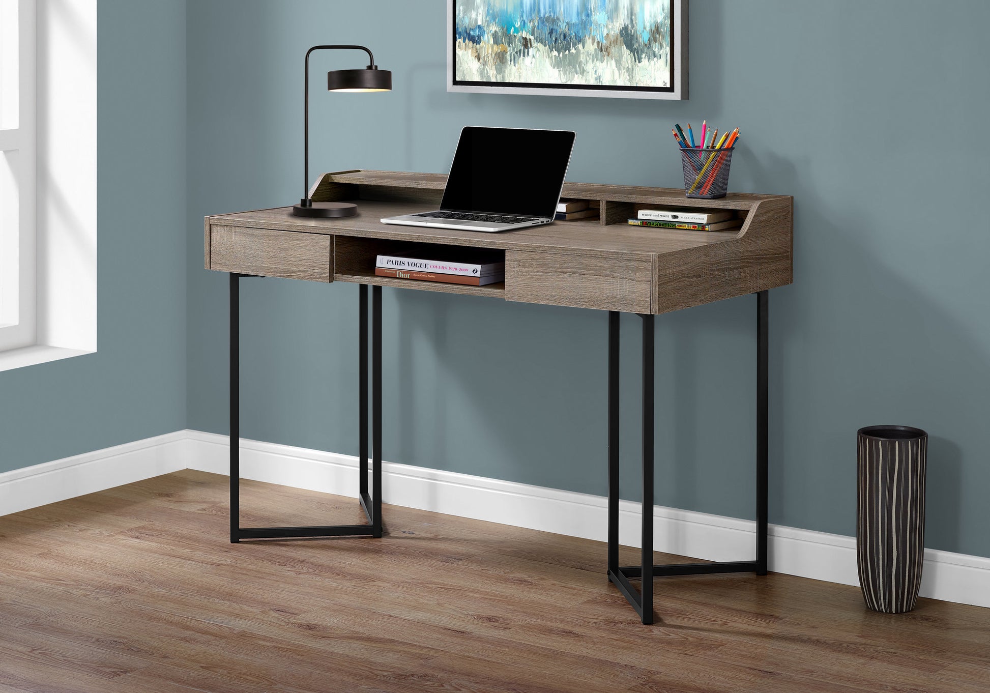 Computer Desk, Home Office, Laptop, Storage Drawers, 48"L, Work, Brown Laminate, Black Metal, Contemporary, Modern Taupe Mdf