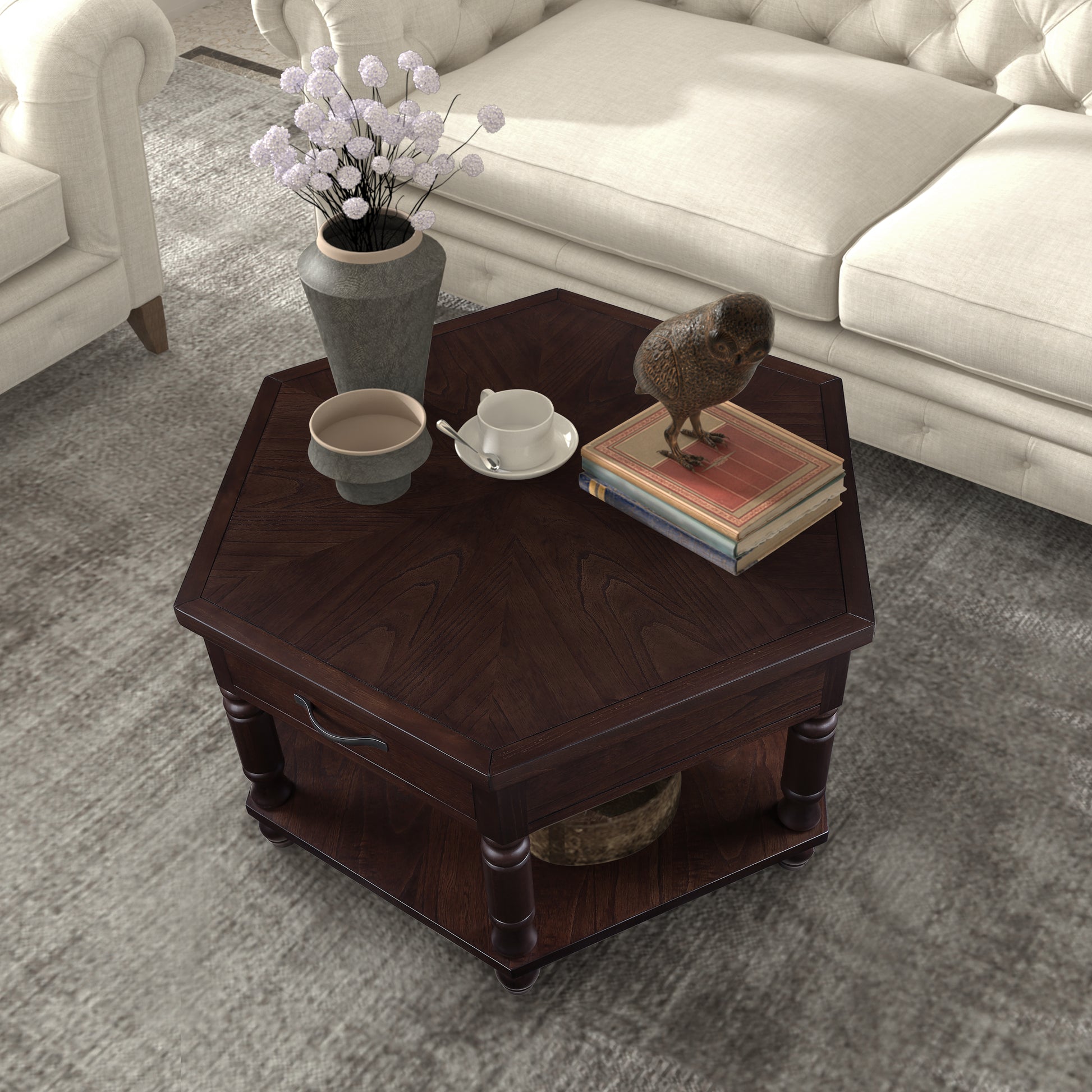 2 Tier Retro Hexagon Living Room Solid Wood Coffee Table With Shelf & Drawer, 36'' Mid Century Center Coffee Table For Living Room, Office. Light Espresso Light Espresso Pine