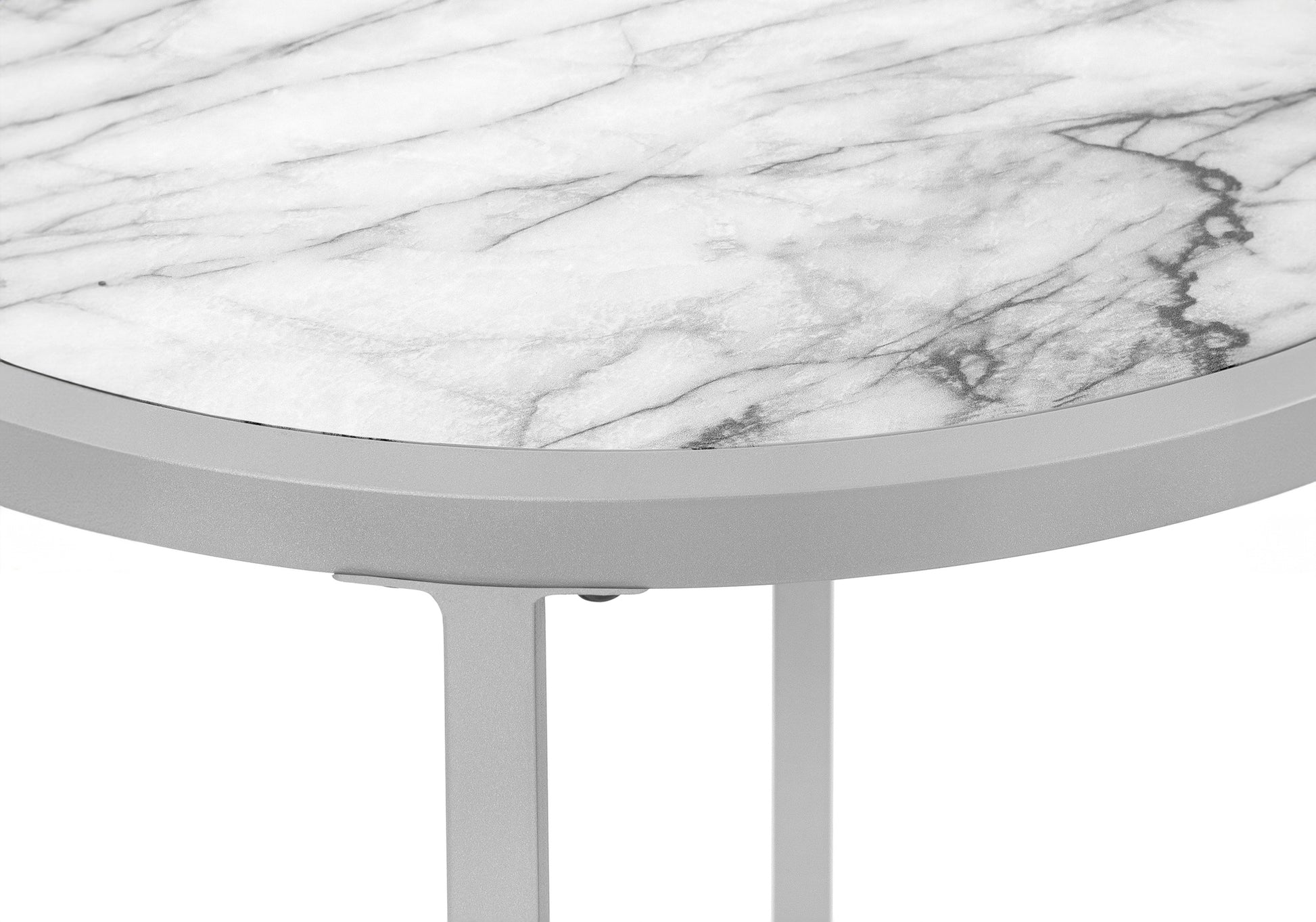 Accent Table, Side, Round, End, Nightstand, Lamp, Living Room, Bedroom, White Marble Look Laminate, Grey Metal, Contemporary, Modern White Metal