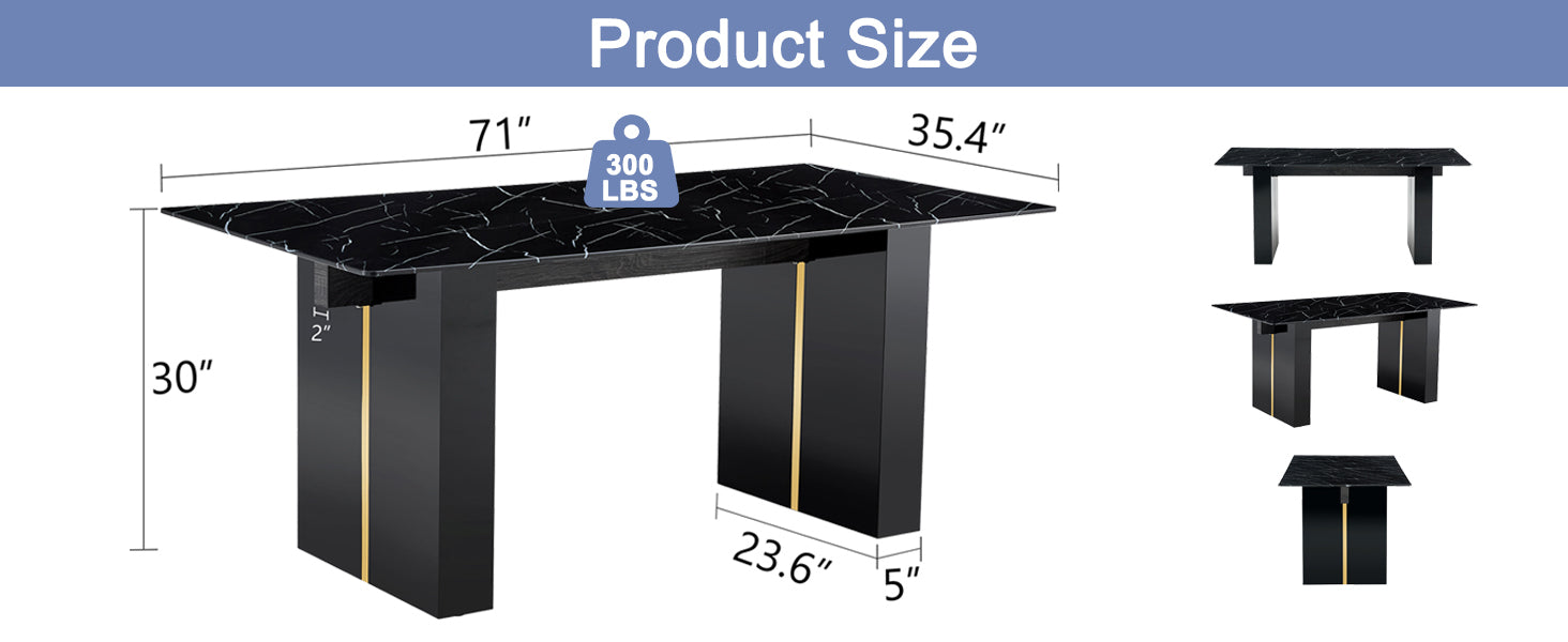 Large Modern Rectangular Table With 0.39 "Black Patterned Top And Large Mdf Legs, Suitable For Kitchen, Dining And Living Room 71" * 35.4 "* 30" 1546 Black Mdf Glass