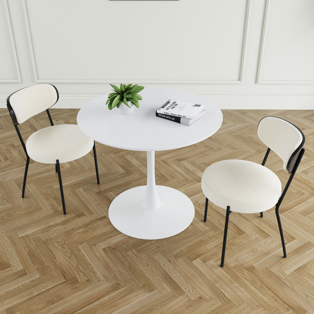 Modern Grey Simple Teddy Velvet Dining Chair Upholstered Chair Family Bedroom Stool Back Dressing, White Round Table Set,Bentwood Covered With Ash Veneer Chair Back,Chair Black Metal Legs Set Of 3 White Mdf