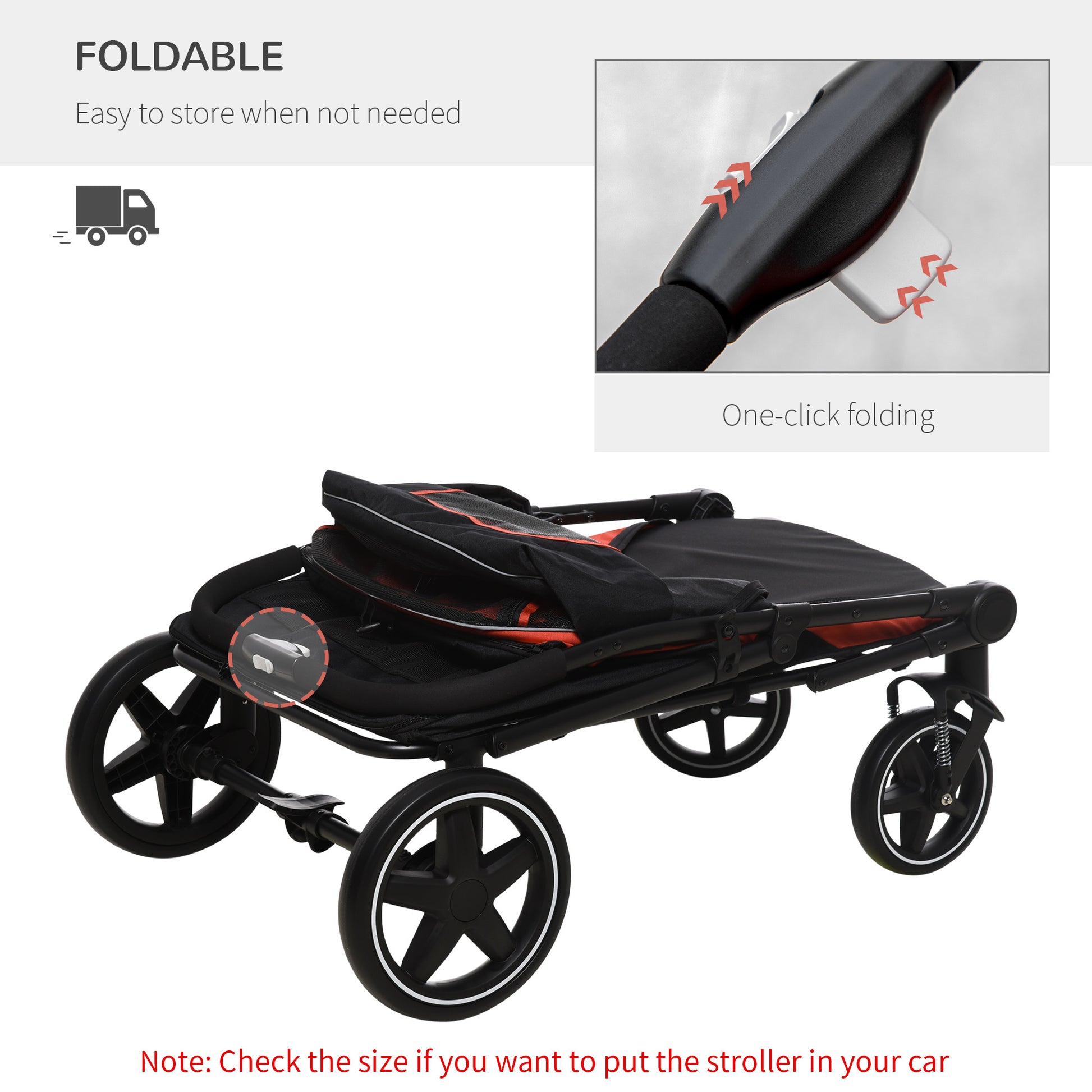 Pawhut One Click Foldable Doggy Stroller For Medium Large Dogs, Pet Stroller With Storage, Smooth Ride With Shock Absorption, Mesh Window, Safety Leash, Big Dog Walking Stroller, Red Red Steel