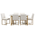 Modern Dining Table Set For 6 Faux Marble Kitchen Table Set With 6 Upholstered Dining Chairs, 7 Piece, White Golden Metal Dining Room Fixed Table Rectangular Dining Table With Chair And Bench Metal