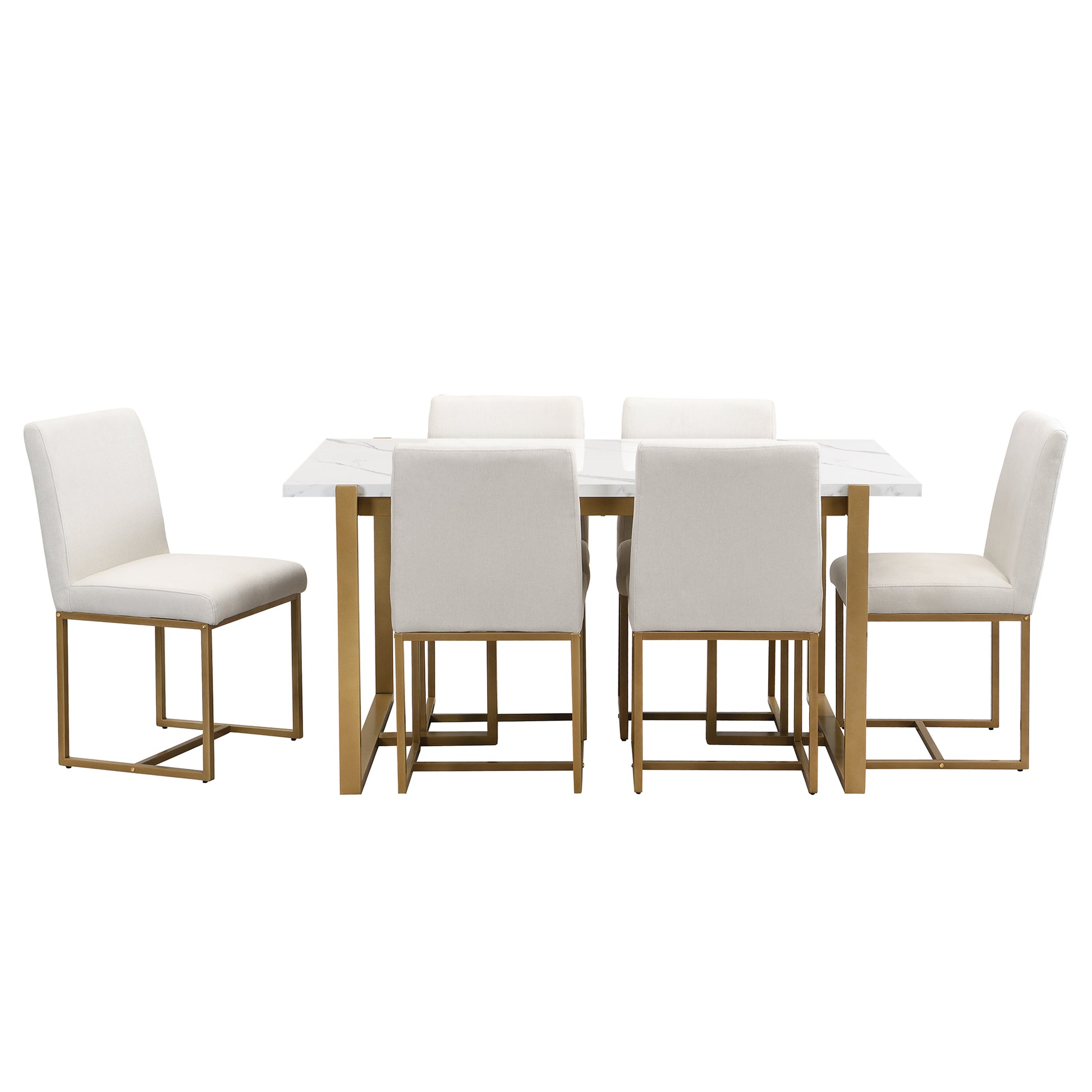 Modern Dining Table Set For 6 Faux Marble Kitchen Table Set With 6 Upholstered Dining Chairs, 7 Piece, White Golden Metal Dining Room Fixed Table Rectangular Dining Table With Chair And Bench Metal