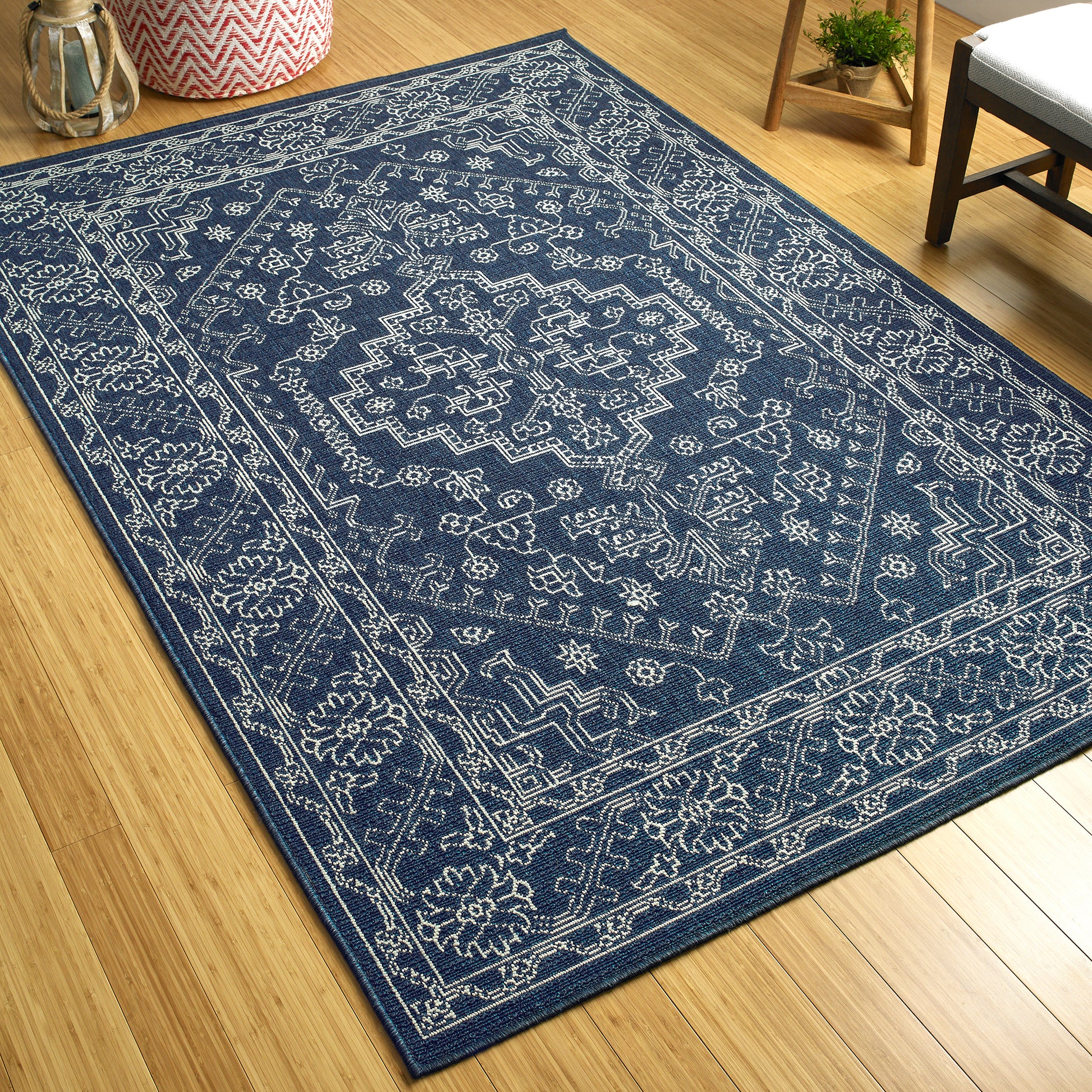 Casual, Traditional, Oriental, Global Inspired, Textured Loop Pile 7'2"X 10'5" Rectangle Area Rug Navy Polypropylene