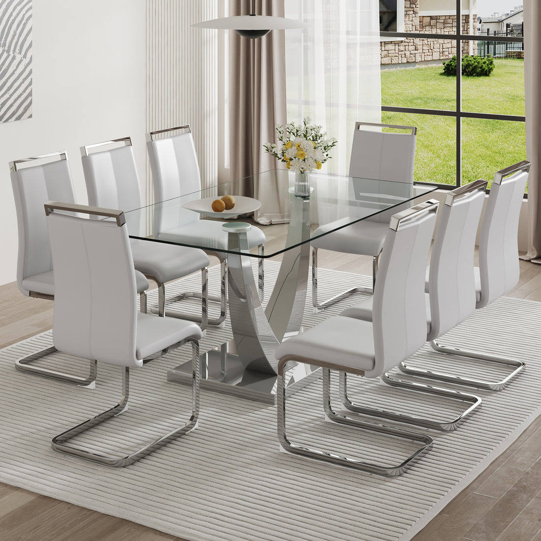 Table And Chair Set. Large Modern Rectangular Table With Glass Top And Silver Metal Legs. Furnished With Soft And Comfortable Pu Chairs With Faux Leather Upholstered Seats And Silver Metal Legs. Gray Silver Seats 6 Glass Metal