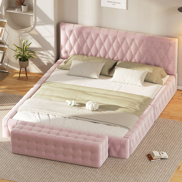 2 Pieces Bedroom Sets Queen Size Upholstered Bed With Rectangular Upholstered Ottoman For Bedroom,Pink Queen Pink 2 Piece Set Solid Wood Mdf