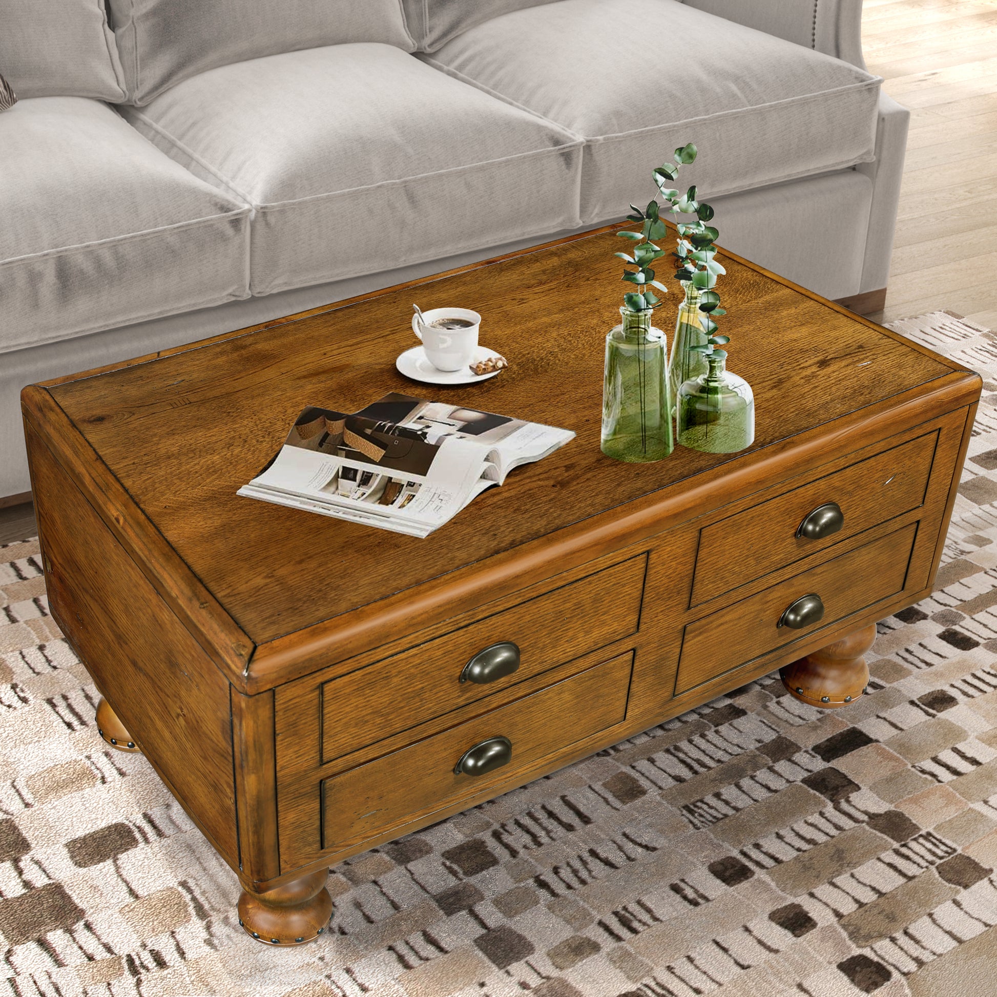 Solid Wood Rectangle Coffee Table For Living Room, 40 Inch Antique Coffee Table With 4 Drawers, Wood Center Table Tea Table With Rivet Decoration Legs.Easy Assembly, Antique Brown Antique Brown Pine