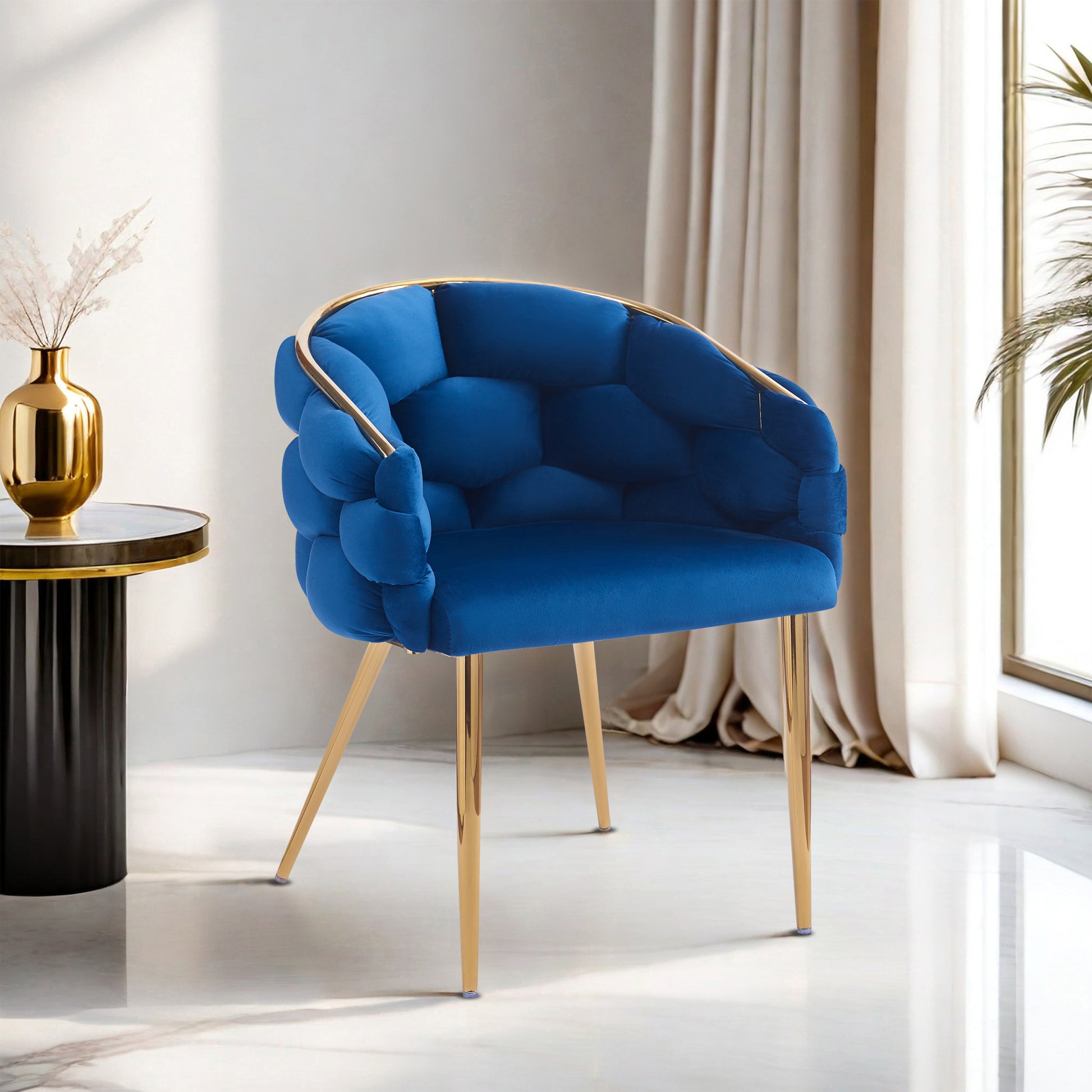 Luxury Handmade Accent Chair With Gold Legs, Modern Velvet Armchair For Living Room And Bedroom Blue Foam Velvet