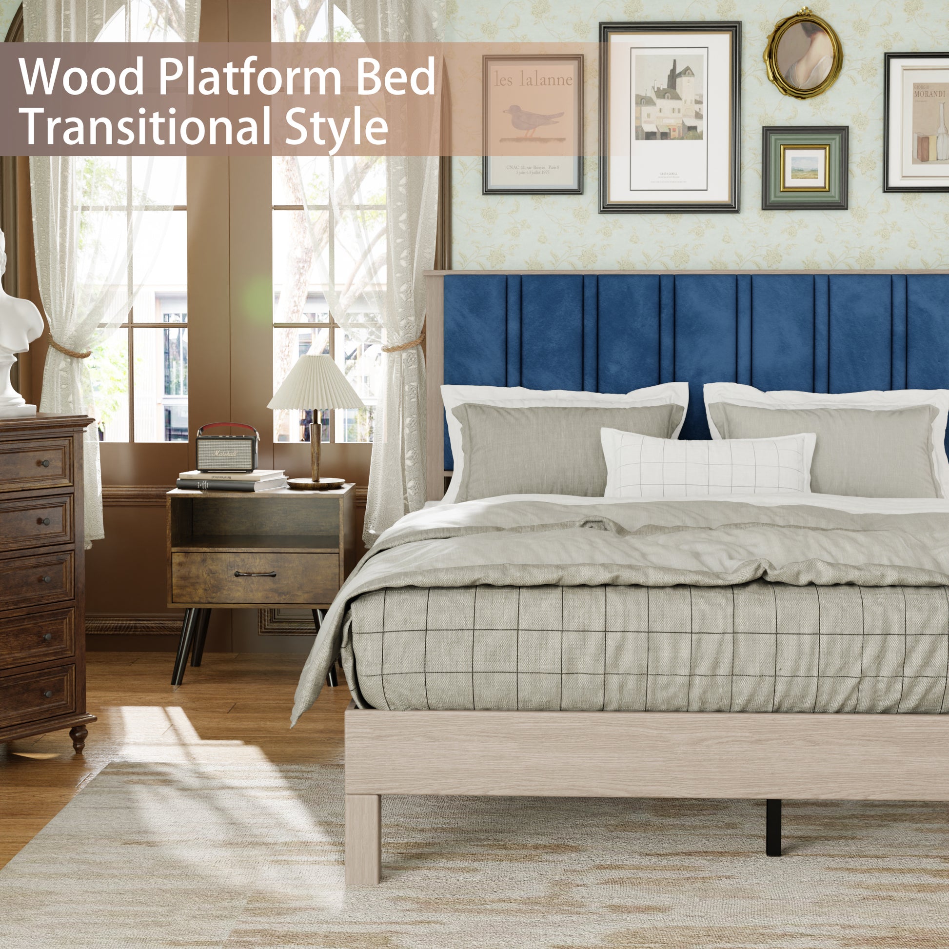 Full Bed Frame, Wood With Wood Headboard Bed Frame With Upholstered Headboard Wood Foundation With Wood Slat Support No Box Spring Needed Easy Assembly Box Spring Not Required Full Antique Grey White Wood Bedroom Pine Bed Frame Metal & Wood