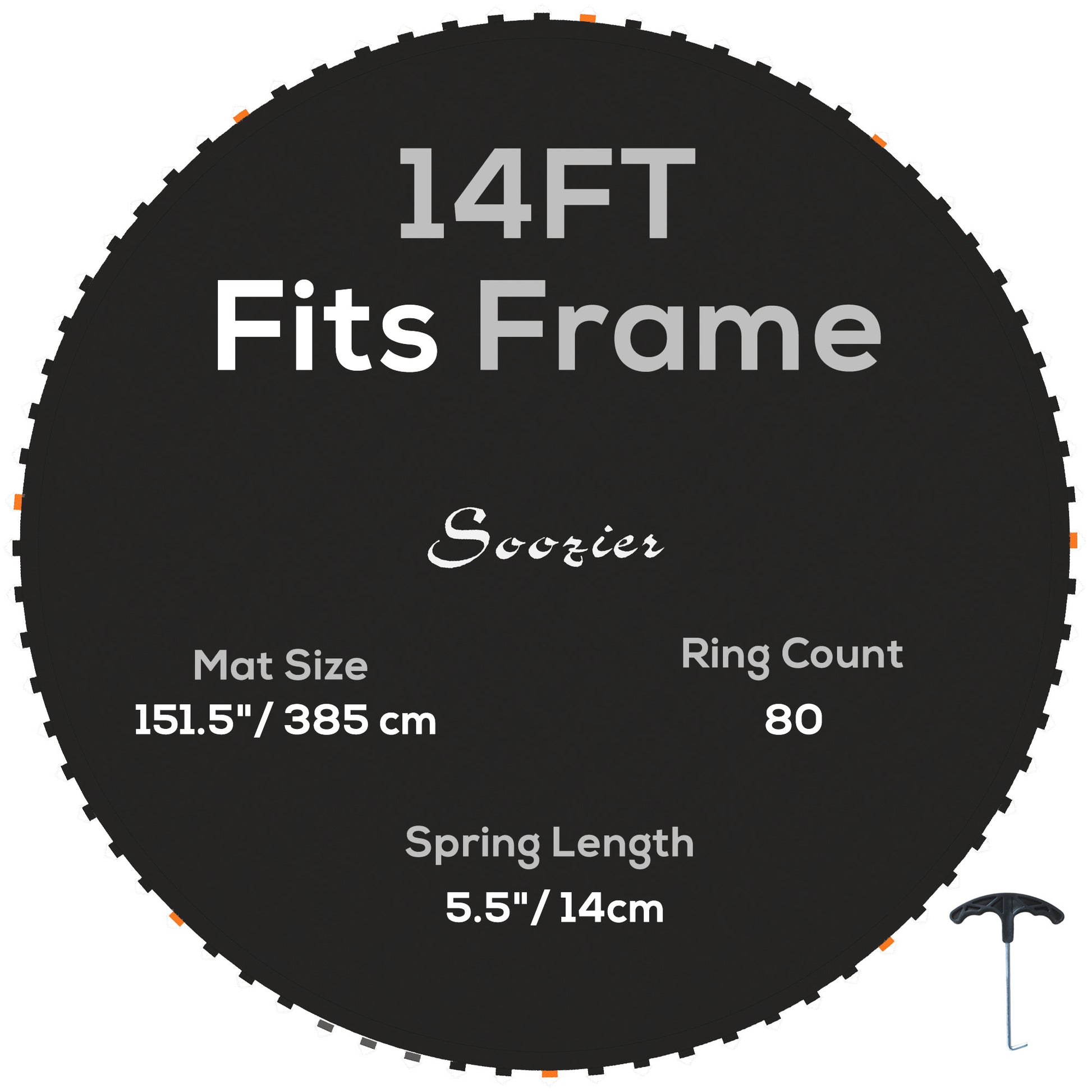 Soozier Trampoline Replacement Mat, Fits 14' Trampoline With 80 V Hooks & 5.5" Springs, Trampoline Mat With 8 Rows Of Stitching & Spring Pull Tool Spring & Frame Not Included , Black Black Plastic