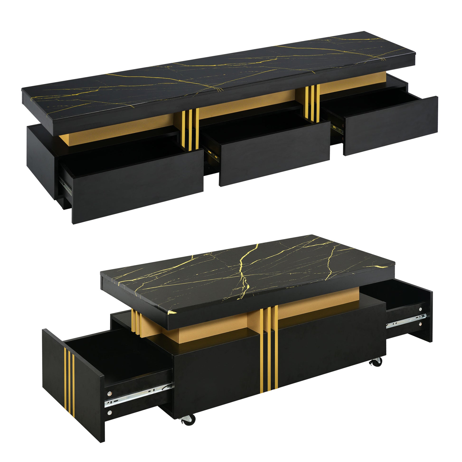 Modern Luxury Tv Stand And Coffee Table Set Of 2, High Gloss Faux Marble Top, Tv Stand For Tvs Up To 78'', Rectangle Coffee Table With Caster Wheels For Living Room, Black Black Gold 70 79 Inches Mdf