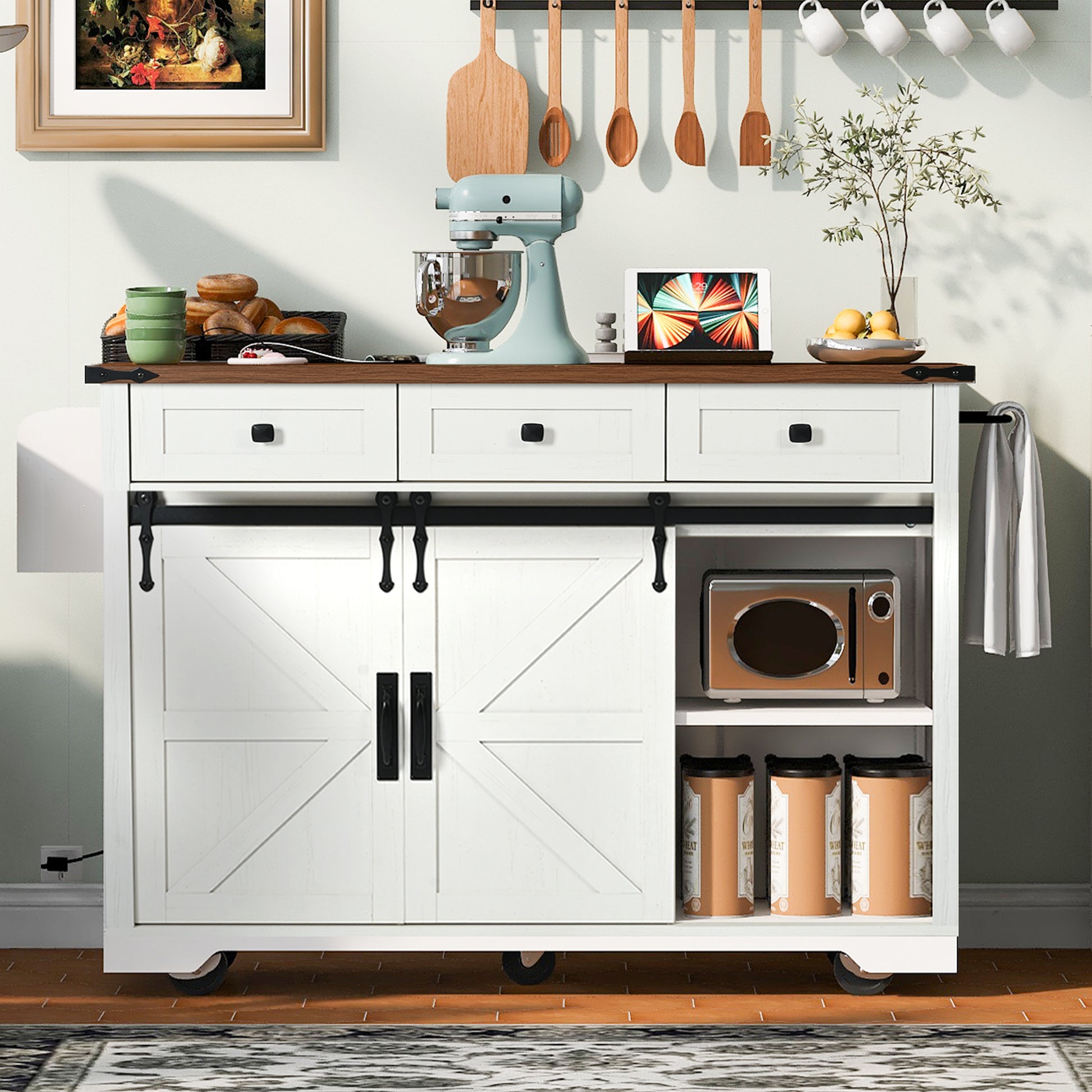 K&K 53.7" Farmhouse Kitchen Island With Power Outlet, 2 Sliding Barn Door Kitchen Storage Island With Drop Leaf, Spice Rack Rolling Kitchen Cart On Wheels, For Home, Kitchen And Dining Room, White