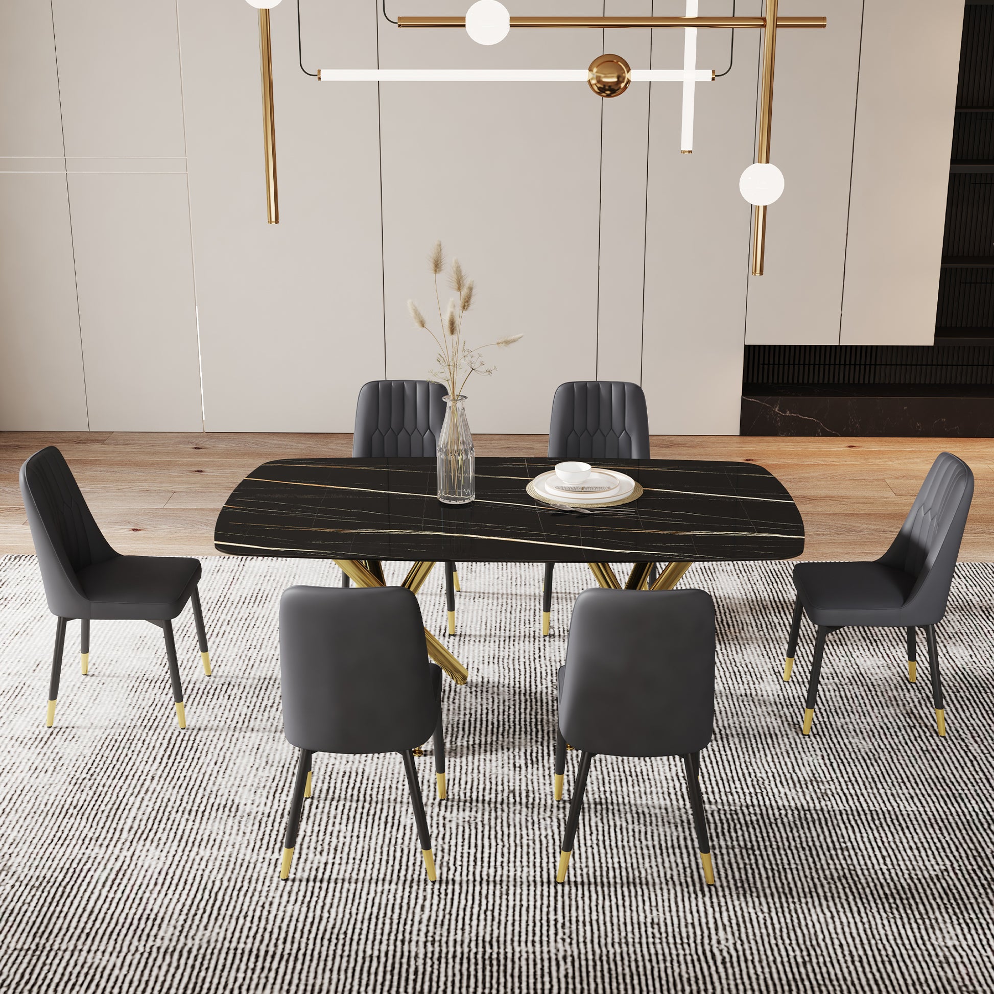 Large Modern Minimalist Rectangular Dining Table With 0.39 "Imitation Marble Black Desktop And Gold Metal Legs, For Kitchen Dining Living Meeting Room Banquet Hal 1538 Black Glass