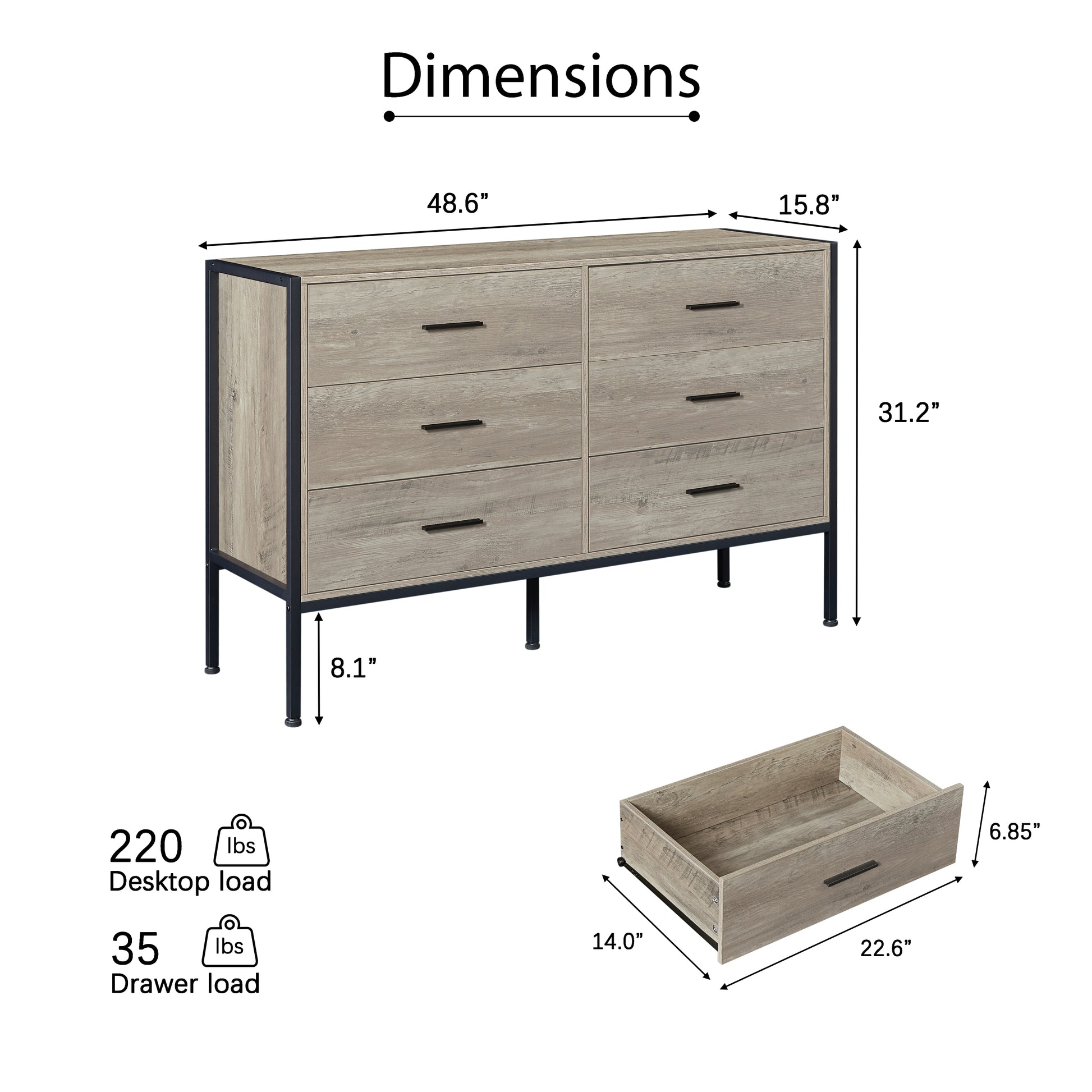 Wood Dresser With 6 Drawers, Wooden Storage Closet For Bedroom, Solid Clothes Cabinet With Sturdy Steel Frame, 48.58"W 15.75"D 31.22"H, 48 Inch, Rustic Grey Chest 5 Or More Drawers Gray Gray Primary Living Space Drawers Included