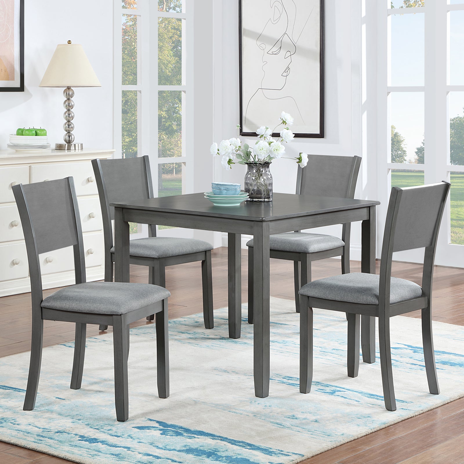5 Piece Modern Dining Set, Square Wooden Dining Table With 4 Upholstered Chairs For Kitchen, Dining Room, Gray Wood Gray Seats 4 Gray Wood Dining Room Acacia 4 Leg Square Dining Table With Chair Acacia Wood
