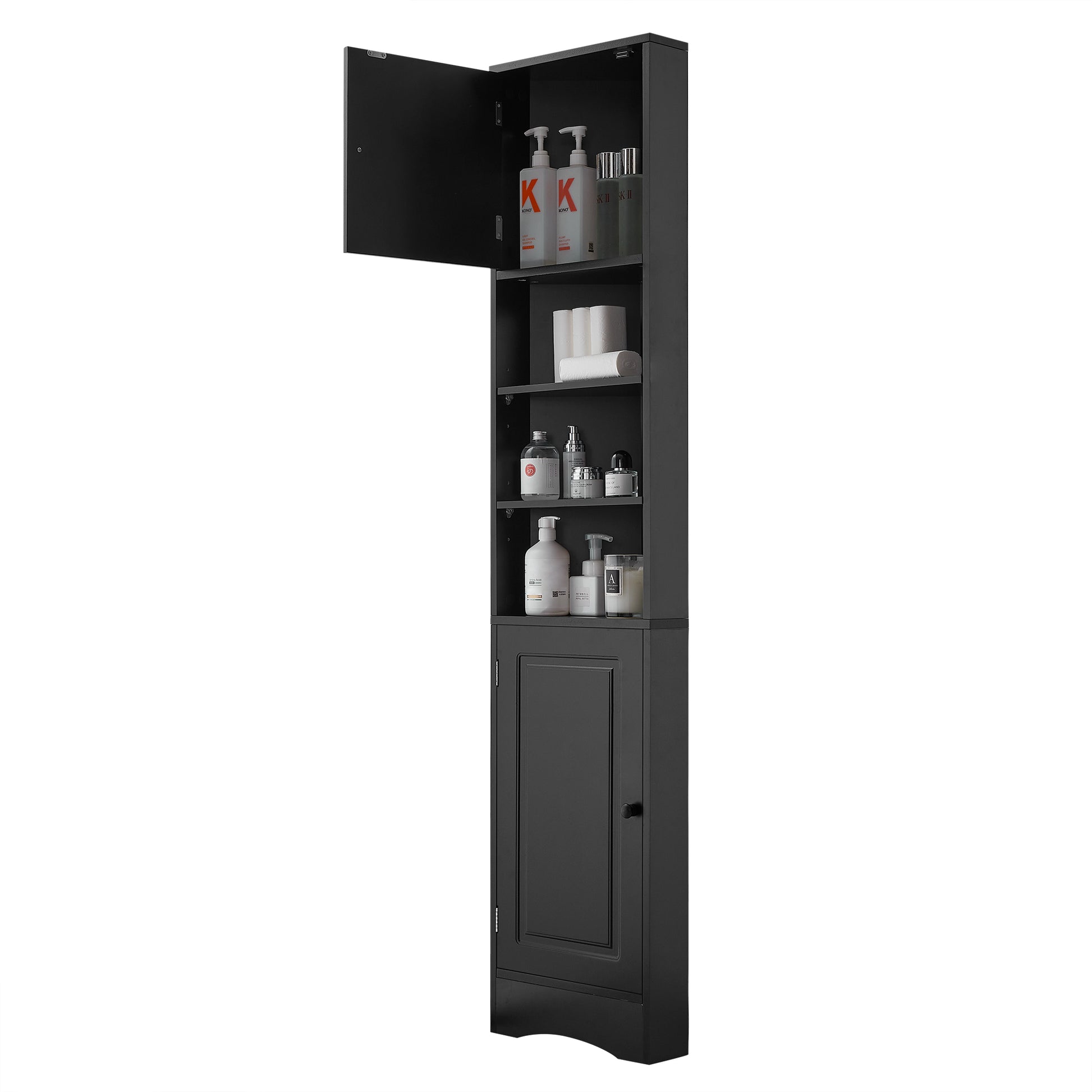 Multi Functional Corner Cabinet Tall Bathroom Storage Cabinet With Two Doors And Adjustable Shelves, Open Shelf, Black Black Mdf