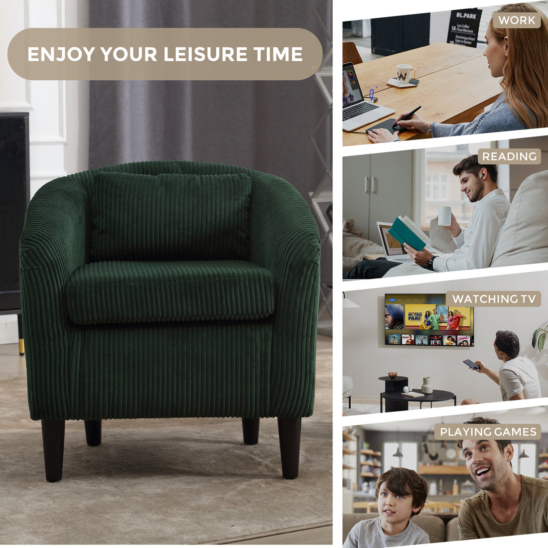 Coolmore Living Room Accent Barrel Chair, Century Modern Style Decorative Chair, Armchair For Living Room With Thick Cushions And Pillows, Comfy Single Sofa Chair, Chair With Wooden Legs Emerald Corduroy