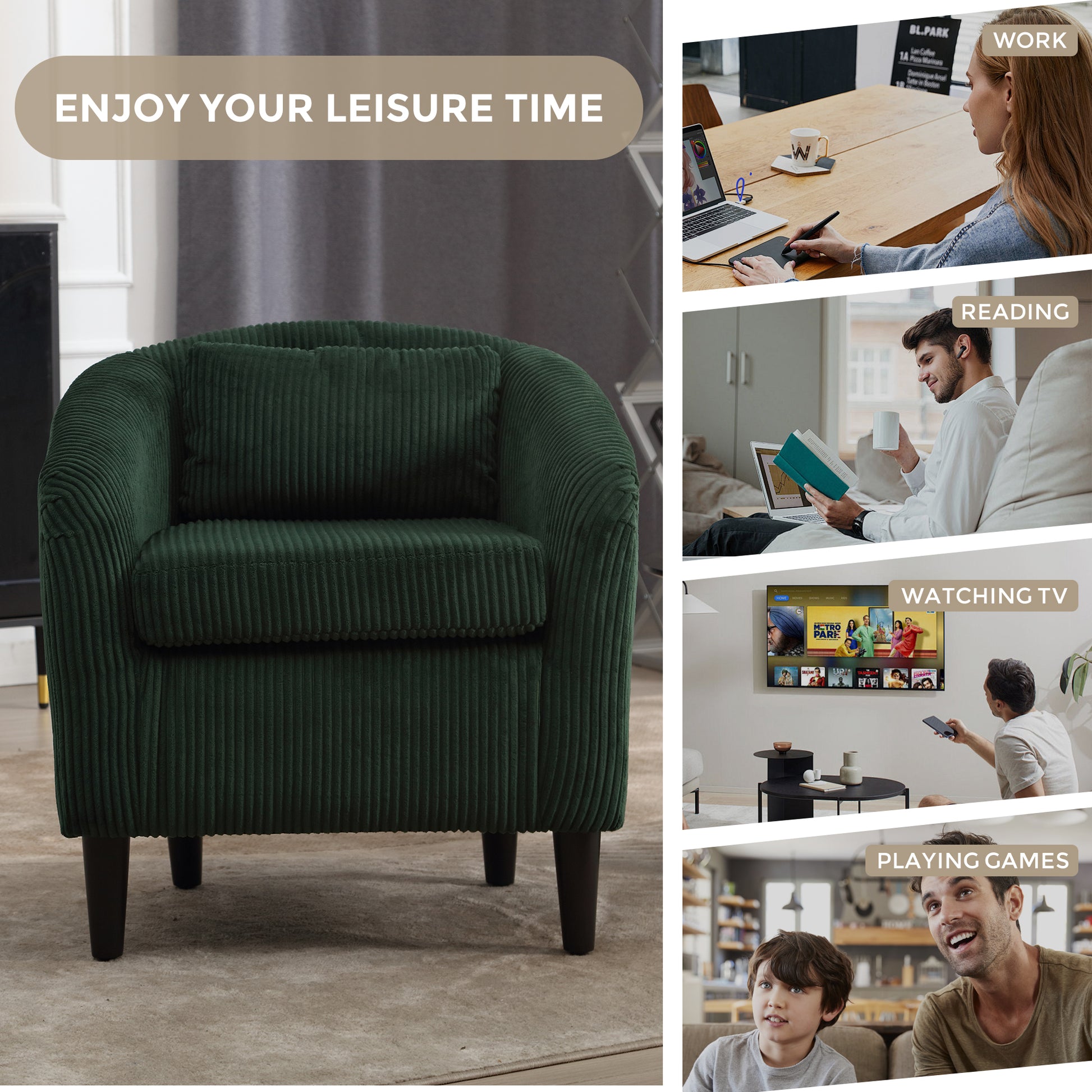 Coolmore Living Room Accent Barrel Chair, Century Modern Style Decorative Chair, Armchair For Living Room With Thick Cushions And Pillows, Comfy Single Sofa Chair, Chair With Wooden Legs Emerald Corduroy