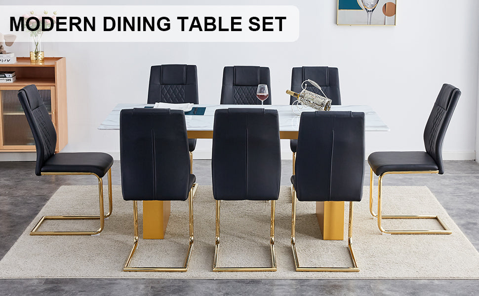 Table And Chair Set.Large Modern Rectangular Table With 0.4 Inch Patterned Glass Tabletop And Large Mdf Table Legs.Comes With 8 Chairs With Faux Leather Cushioned Seats And Golden Metal Legs. Gold White Seats 8 Mdf Glass