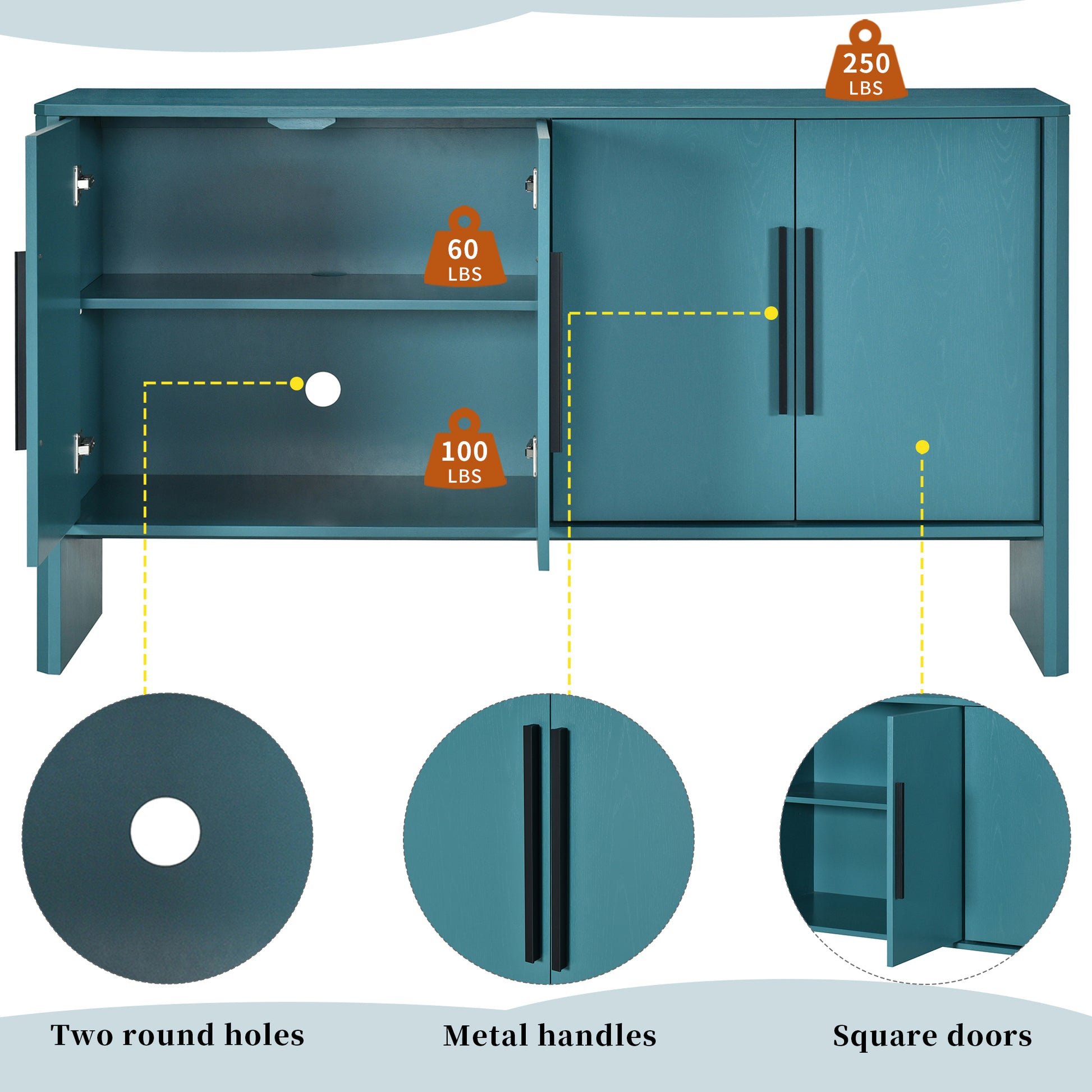 4 Door Large Storage Retro Sideboard With Adjustable Shelves And Long Handles For Kitchen, Dining Room And Living Room Antique Blue Antique Blue Mdf