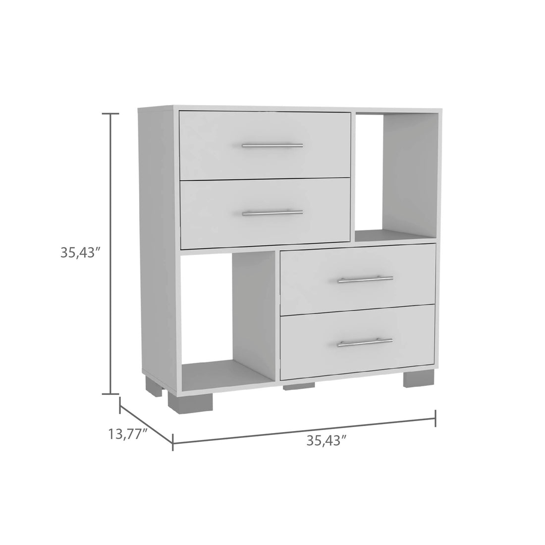 Sunflower Dresser, Four Drawers, Two Open Shelves White Bedroom Contemporary Melamine Engineered Wood