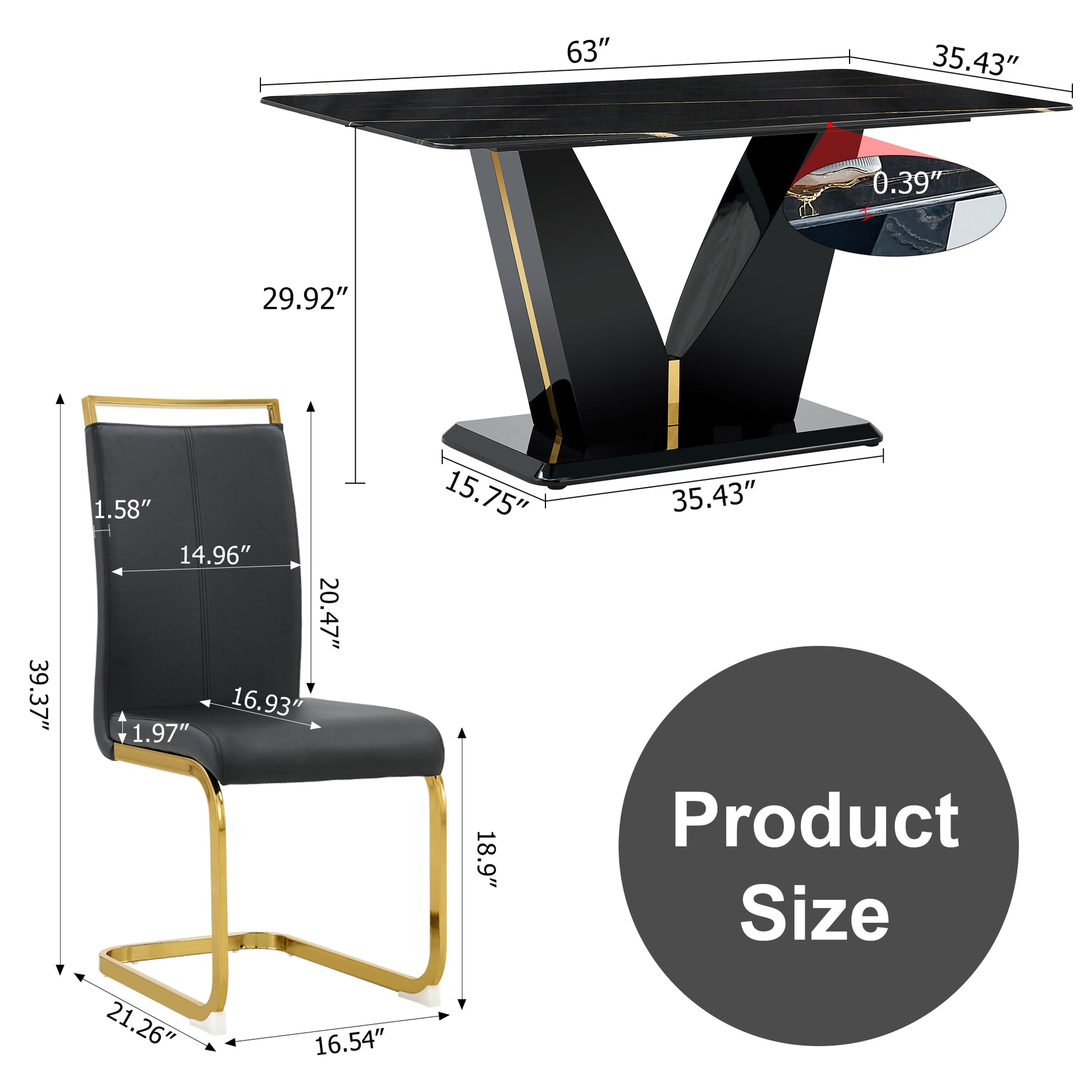 Table And Chair Set,Modern Minimalist Rectangular Dining Table, 0.4 Inch Thick, With A Black Imitation Marble Pattern Glass Desktop And Black Mdf Legs. Comfortable Pu Seats,Perfect For Dinner, Meet Black Seats 6 Mdf Glass