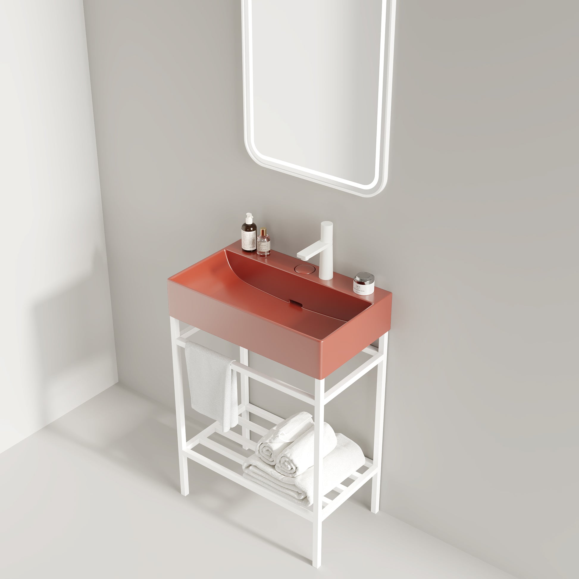 Lofi 24" Bathroom Vanity With Ceramic Basin, Freestanding Bathroom Console Sink Set, Glossy Red Rectangular Ceramic Basin Without Faucet, Open Metal Leg, Storage Shelves, White White Red Bathroom