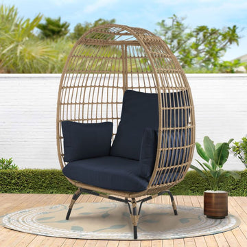 Lucinda Egg Cushions Patio Lounge Chair, Large, Natural Navy Brown Black Pe Rattan Iron