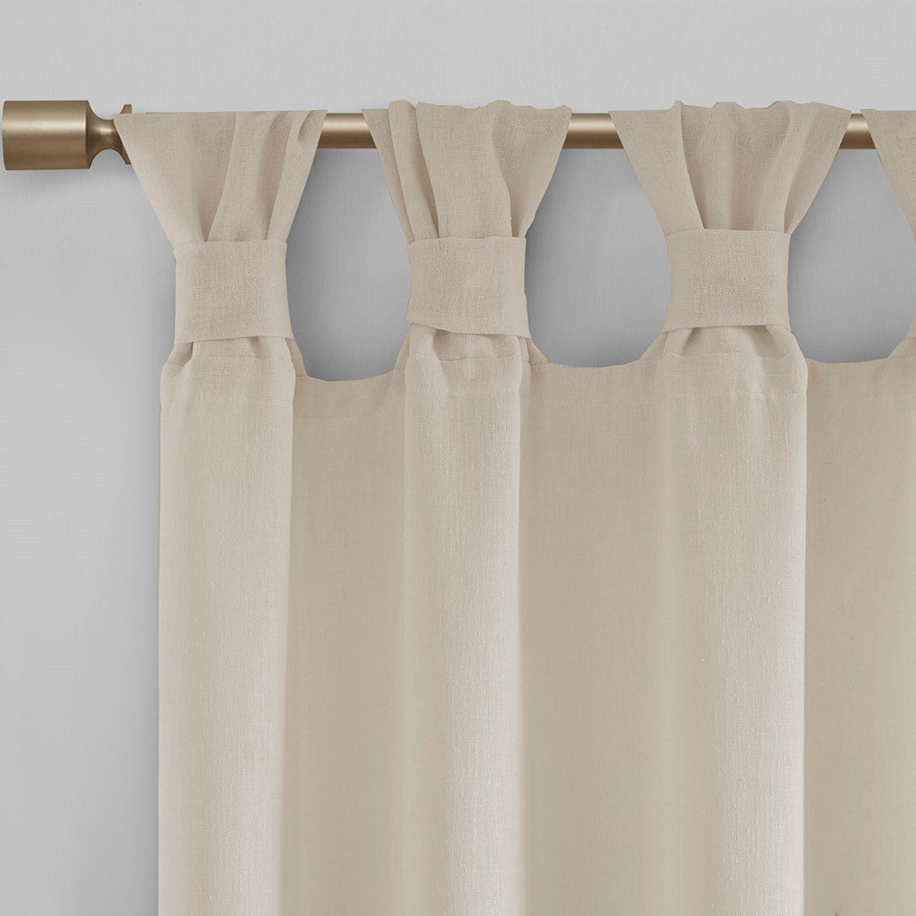 Floral Embellished Cuff Tab Top Solid Curtain Panel Only 1 Pc Panel Beige Linen