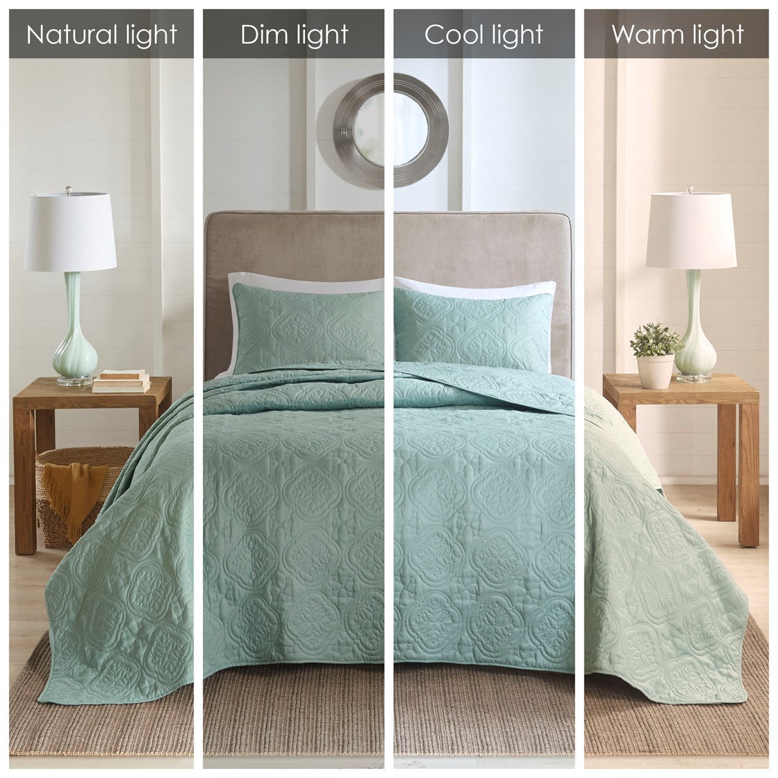 3 Piece Reversible Bedspread Set Seafoam Full Queen Queen Green Microfiber