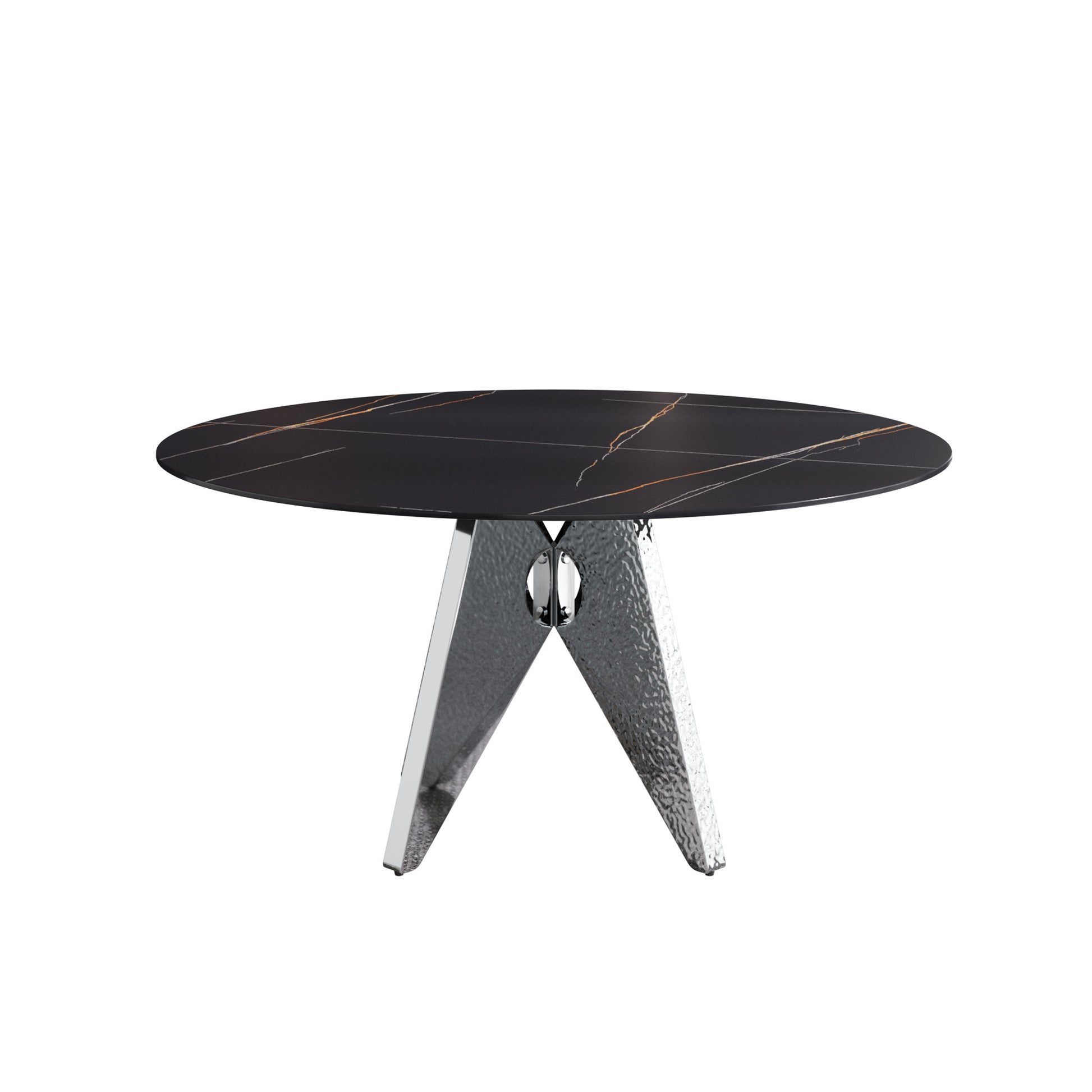 59.05" Round Marble Dining Table With Silver Stainless Steel Design Base, Artificial Marble For 6 8 People, Dining Room Living Room Kitchen Dining Table,Black Dining Table Only Black,Silver Dining