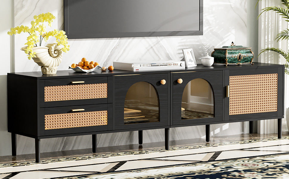 Rattan Tv Stand With 3 Cabinets & 2 Drawers, Rattan Inspired Media Console Table For Tvs Up To 80'', Led Light Entertainment Center, Tv Cabinet For Living Room, Bedroom, Home Theatre Black Primary