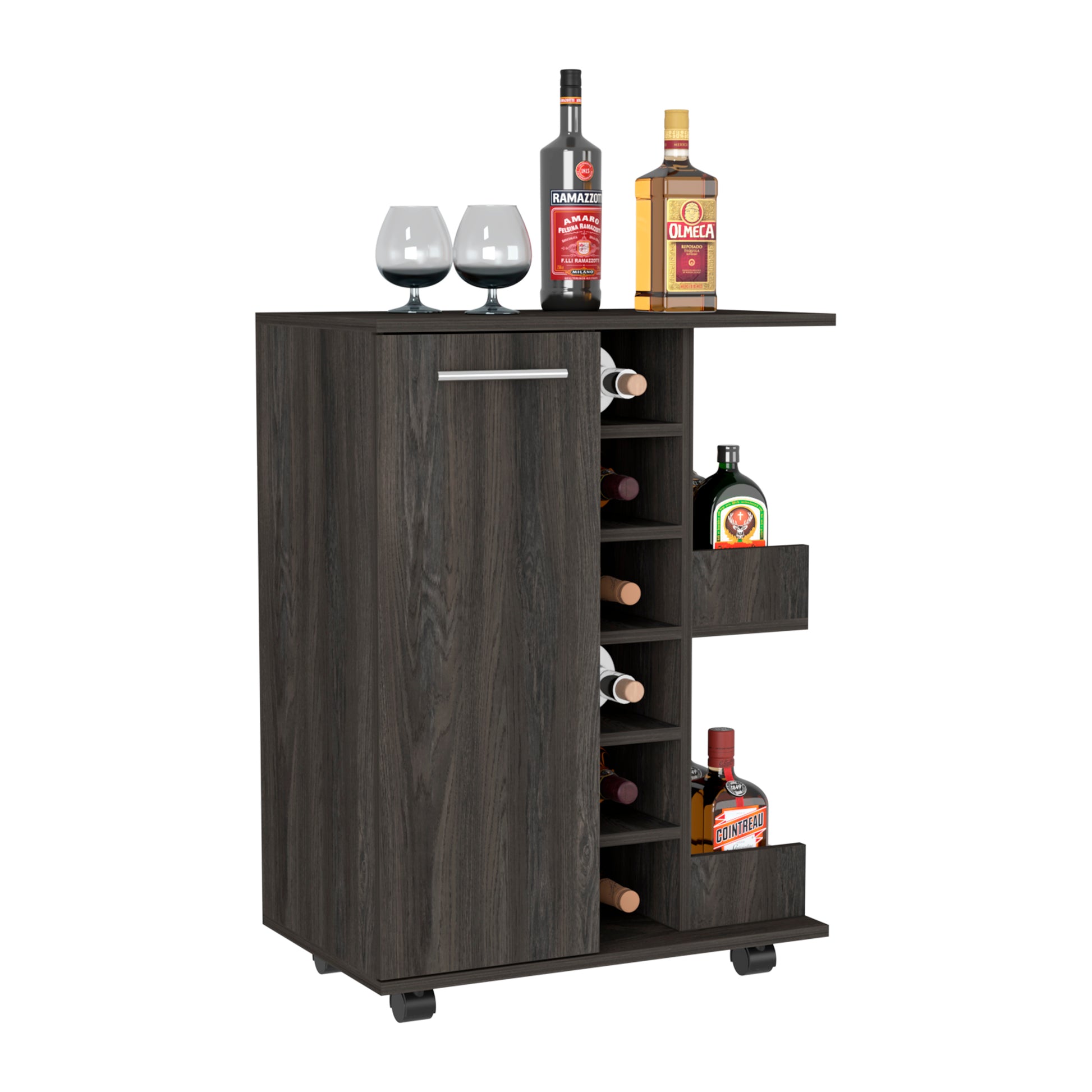 32" H Carbon Espresso Bar Coffee Cart, Cabinet Storage, With 4 Wheels, 1 Divided Storage With 1 Shelf, 1 Folding Door, A Central Vertical Division For 6 Bottles And 2 Side Shelves With Aluminum Front Brown Particle Board Particle Board