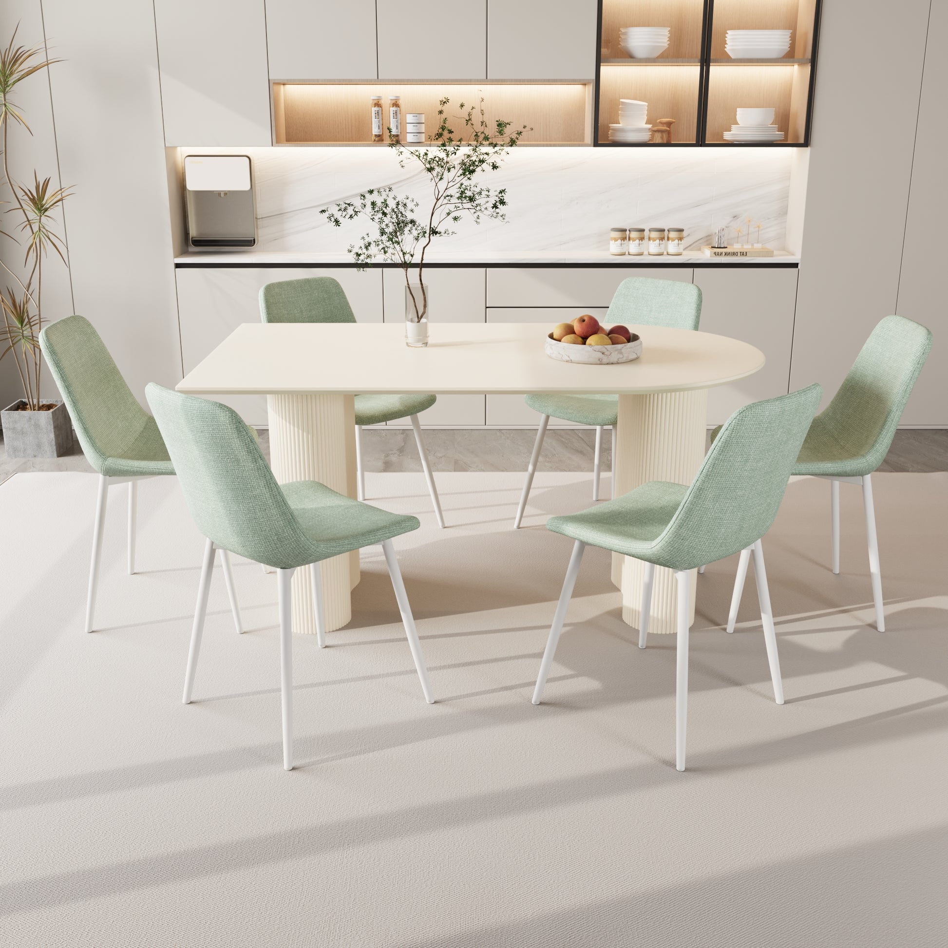 63 "Mdf Cream Style Coffee Table And Modern Dining Chair 8 Piece Set, Modern And Stylish Kitchen Dining Table Set, Round Wave Table Legs, Dining Table And Linen Chairs Buy 6 Chairs And Get 2 Free