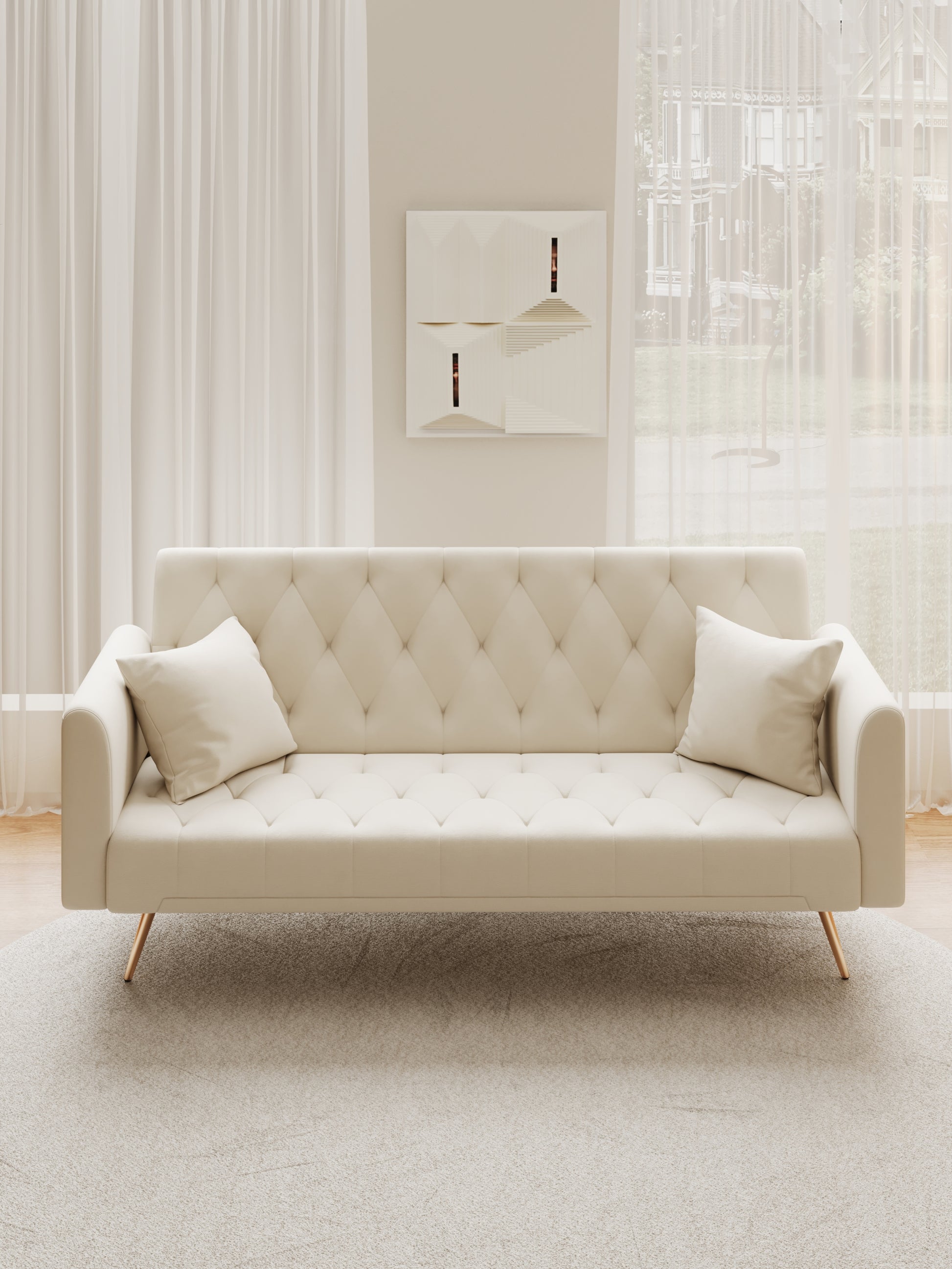 71 Inch Convertibleseat Sofa, American Retro Beige Velvet, Suitable For Small Living Room, Bedroom, Office Beige Velvet 2 Seat