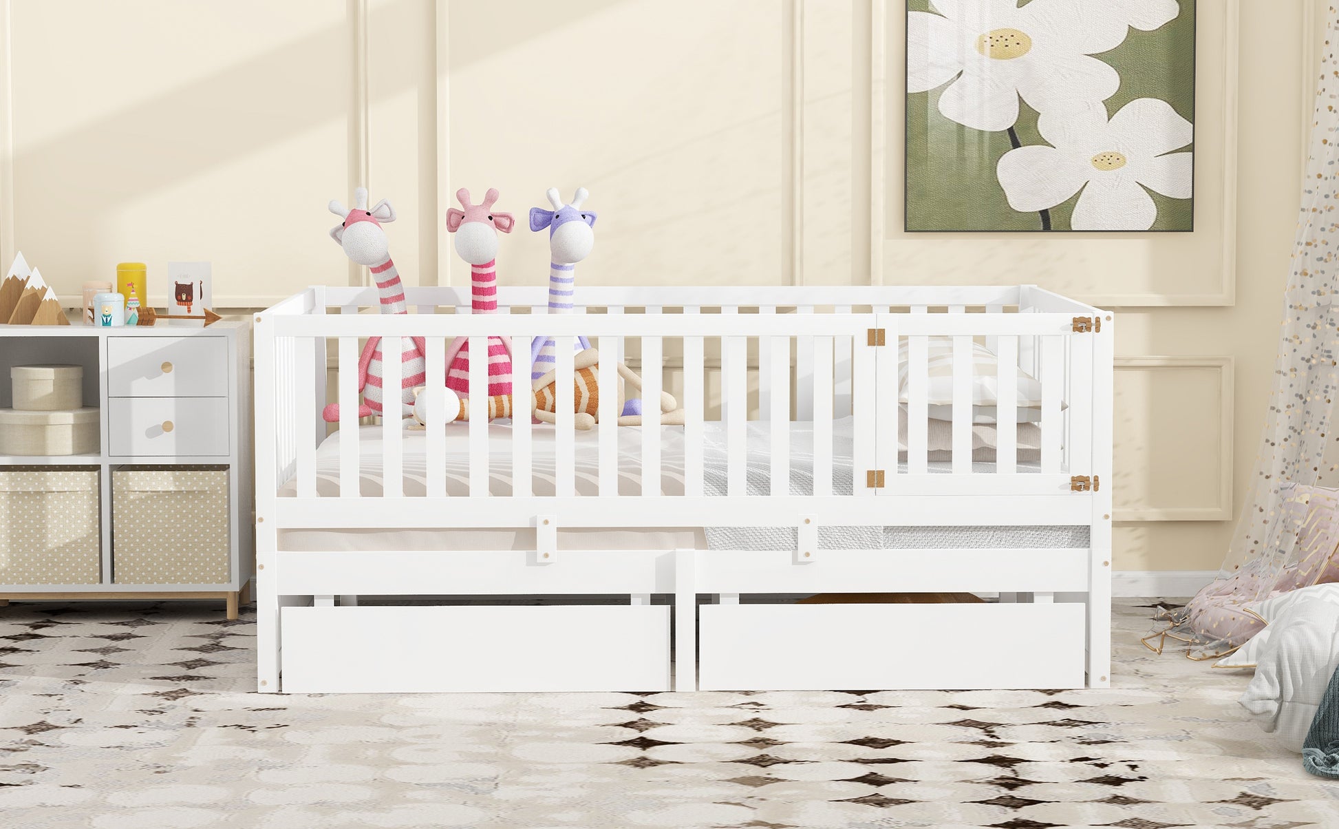 Full Size Wood Daybed With Fence Guardrails And 2 Drawers, Split Into Independent Floor Bed & Daybed, White Old Sku :Lp000882Aak Full White Solid Wood Mdf