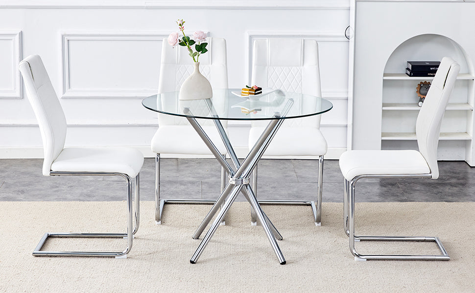 Table And Chair Set.36.6"Round Clear Glass Dining Table With A Unique Shape With Ring Shaped Gathered Silver Metal Legs.Paired With 4 White High Quality Pu Dining Chairs With Silver Metal Legs.